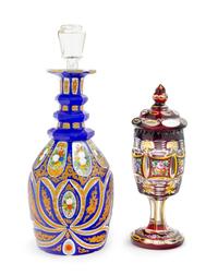 Two Enameled Bohemian Glass Articles Height of decanter 12 1/2 inches. — 19TH CENTURY