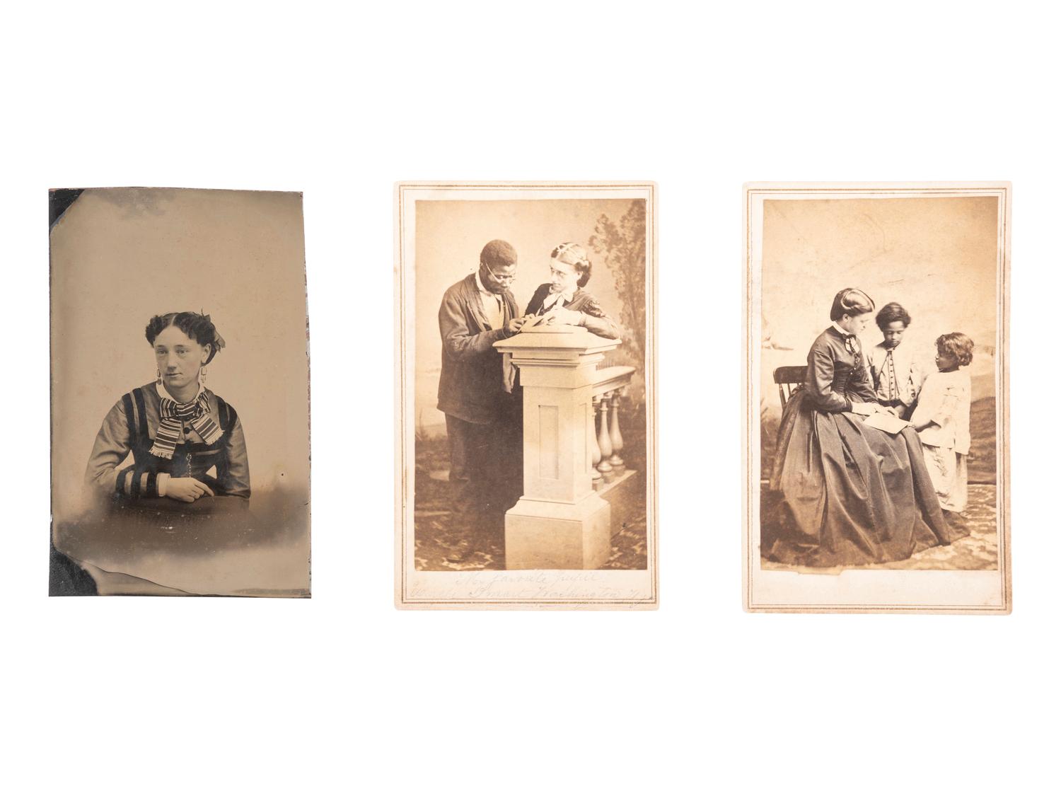 [AFRICAN AMERICANA - EDUCATION]. A group of 3 photographs, incl. tintype and CDVs of teacher Fannie Langford and formerly enslaved students at The Hooper School on the Old Fort Plantation, Beaufort, SC.