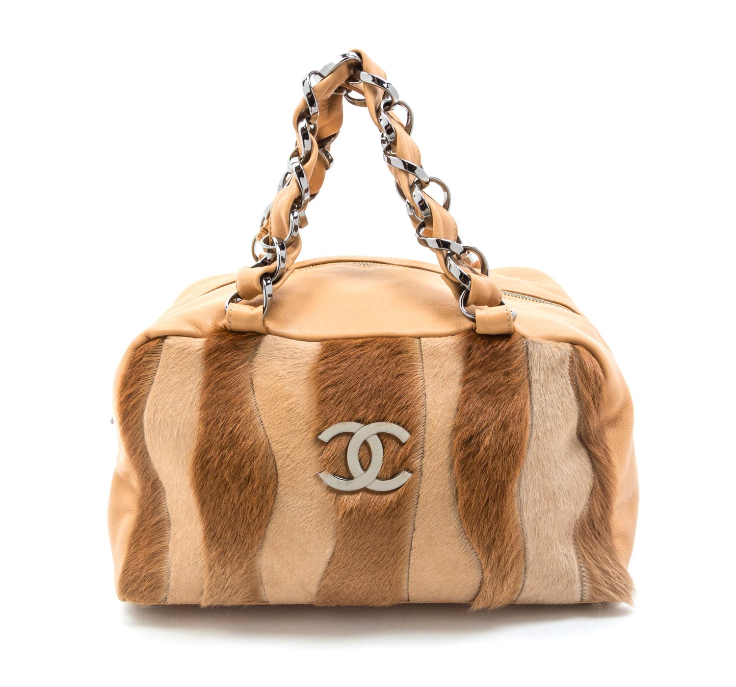 A Chanel Camel Leather and Pony Hair Bag, 12 1/2 x 7 x 6 inches.