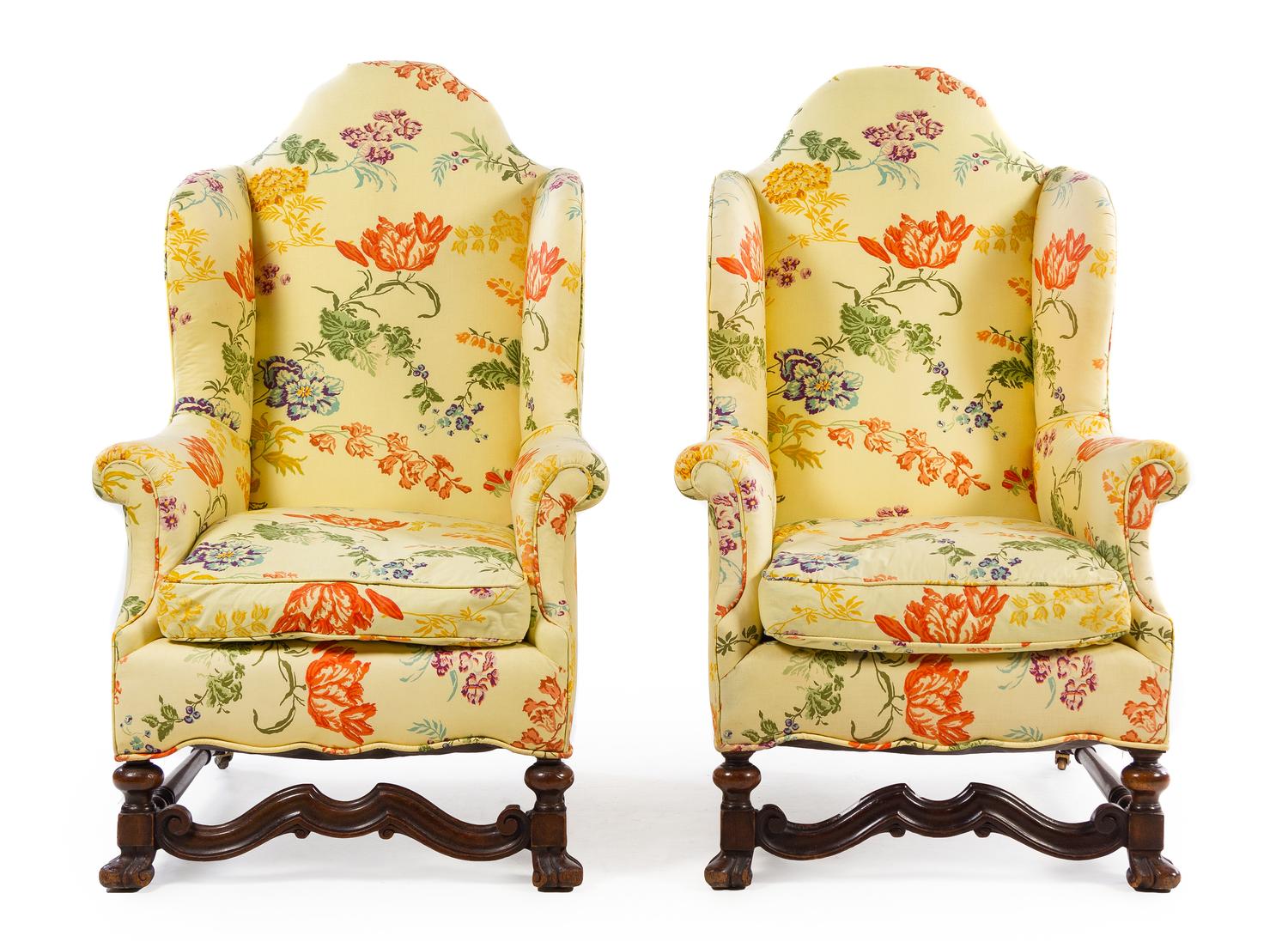 A Pair of William and Mary Style Wingback Chairs Height 45 1/4 inches. — 19TH CENTURY