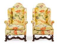 A Pair of William and Mary Style Wingback Chairs Height 45 1/4 inches. — 19TH CENTURY