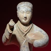 A Large Chinese Painted Pottery Lady with Drum, Han Dynasty — 漢 大型灰陶彩繪女鼓手