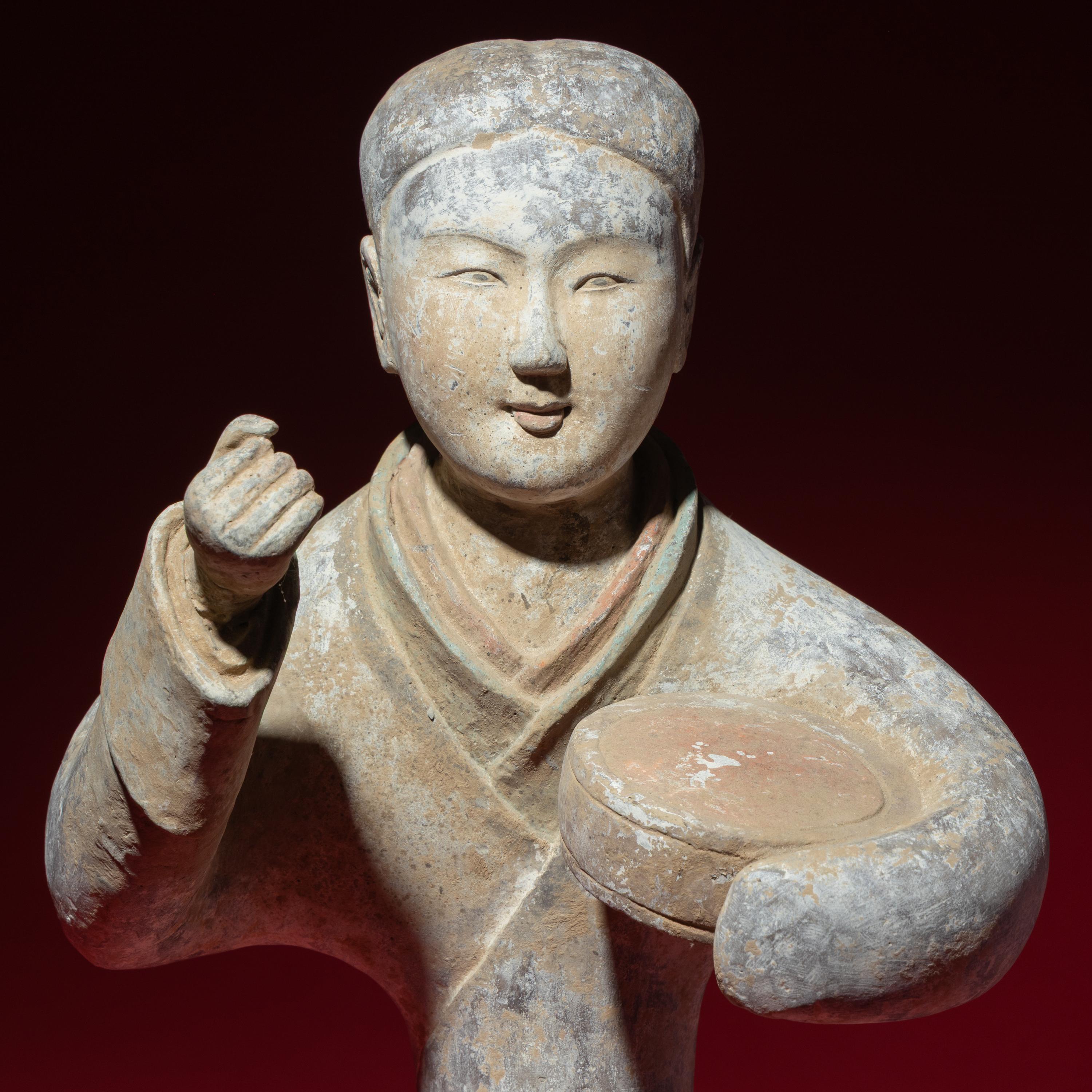 A Large Chinese Painted Pottery Lady with Drum, Han Dynasty — 漢 大型灰陶彩繪女鼓手