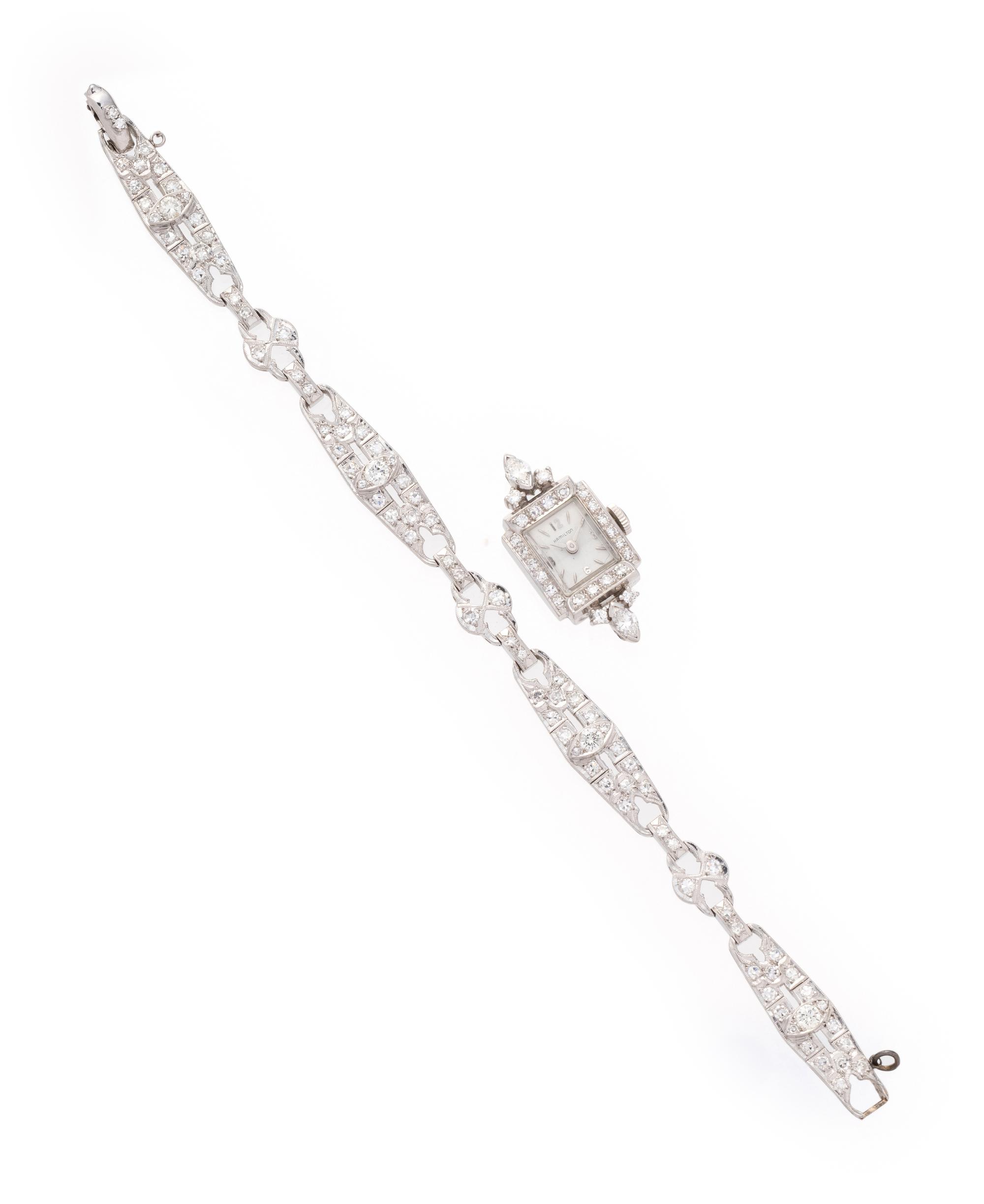 HAMILTON, PLATINUM, WHITE GOLD AND DIAMOND WATCH CASE AND BRACELET