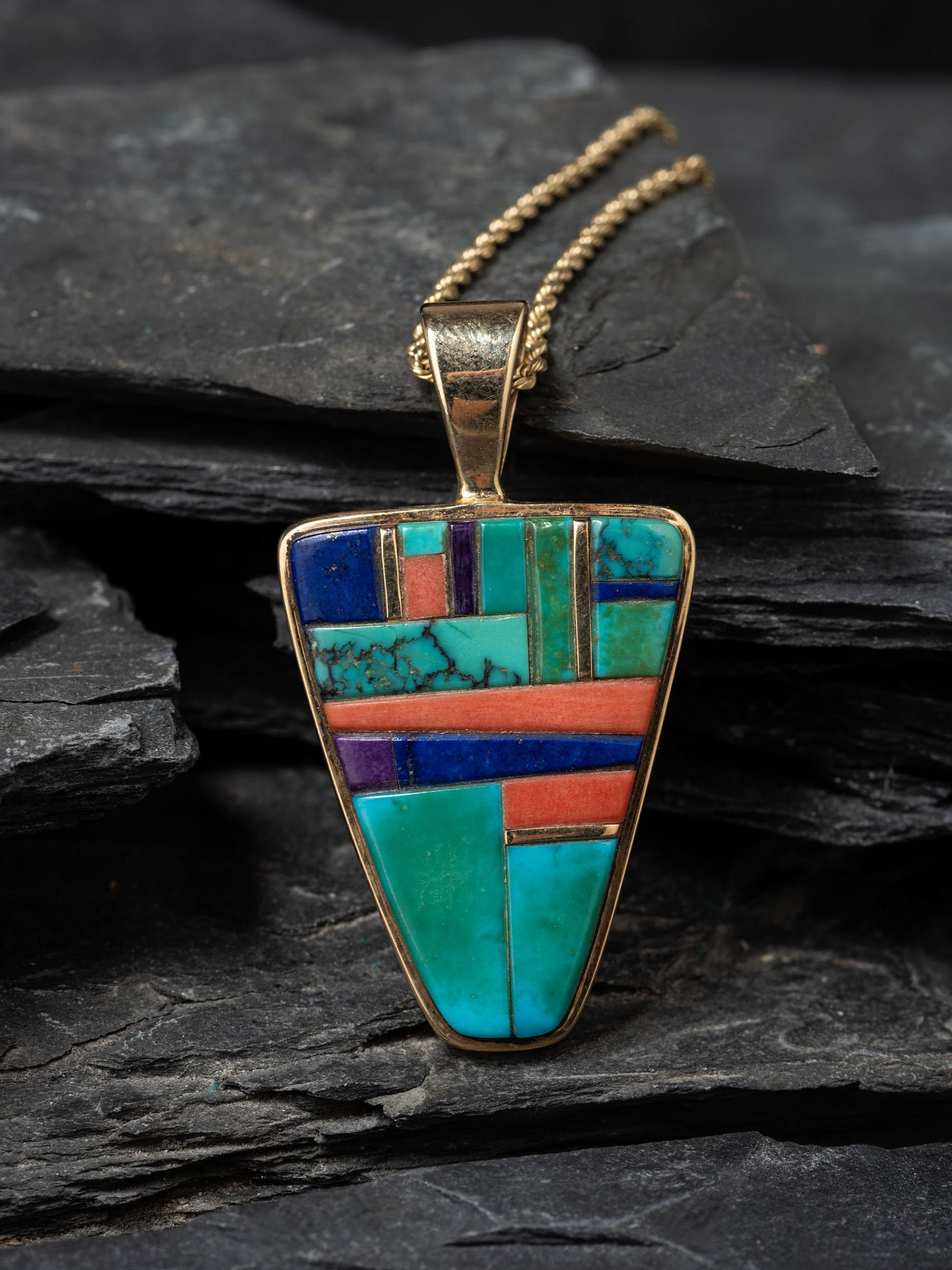 14K Gold and Mosaic Inlay Shield Pendant