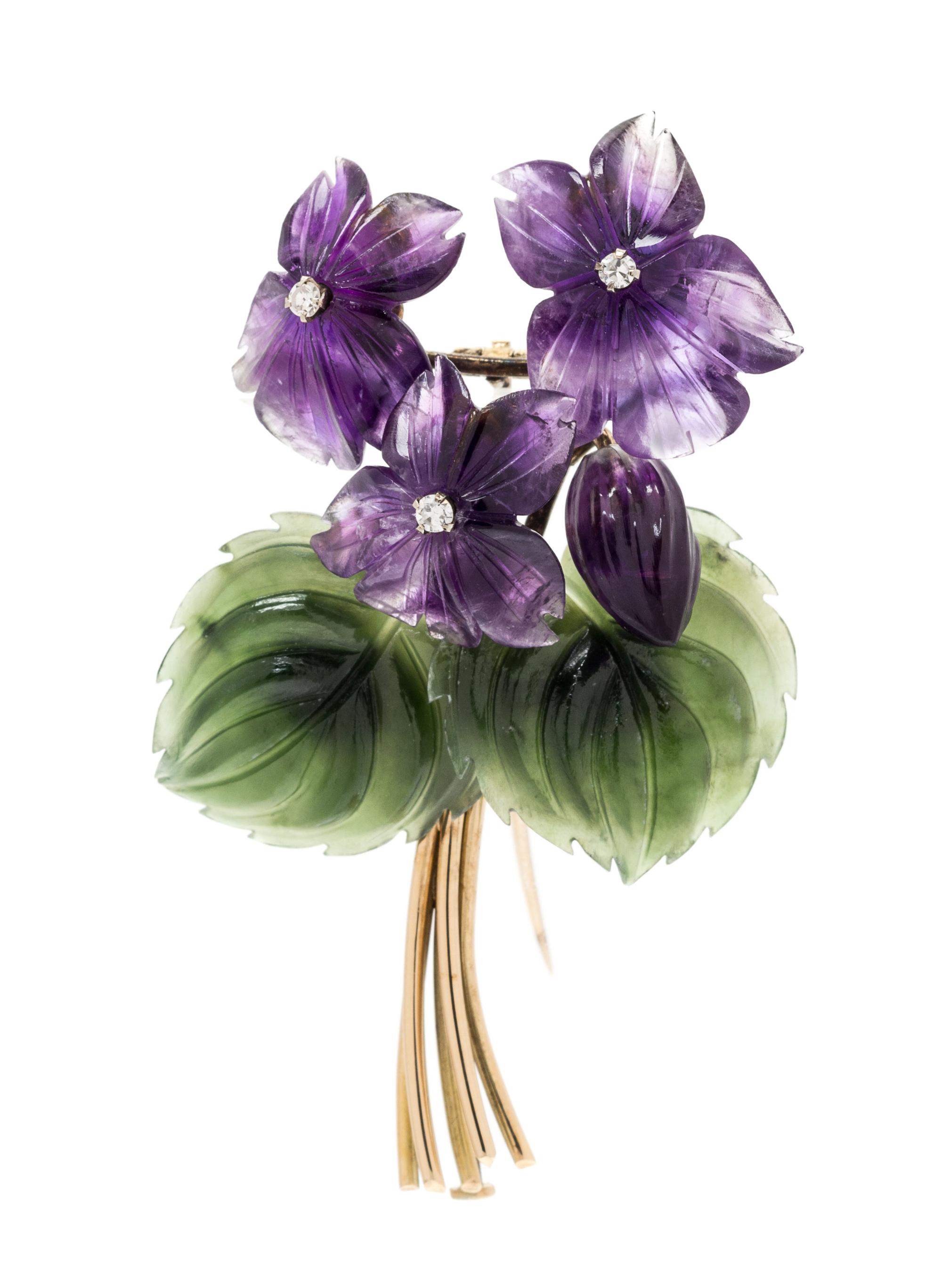 A Yellow Gold, Amethyst, Nephrite and Diamond Flower Brooch, Austrian, 7.50 dwts.