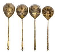 Four Russian Silver-Gilt and Niello Spoons, Various makers, Moscow, 19th Century, each having a spherical finial surmounting a twist ha