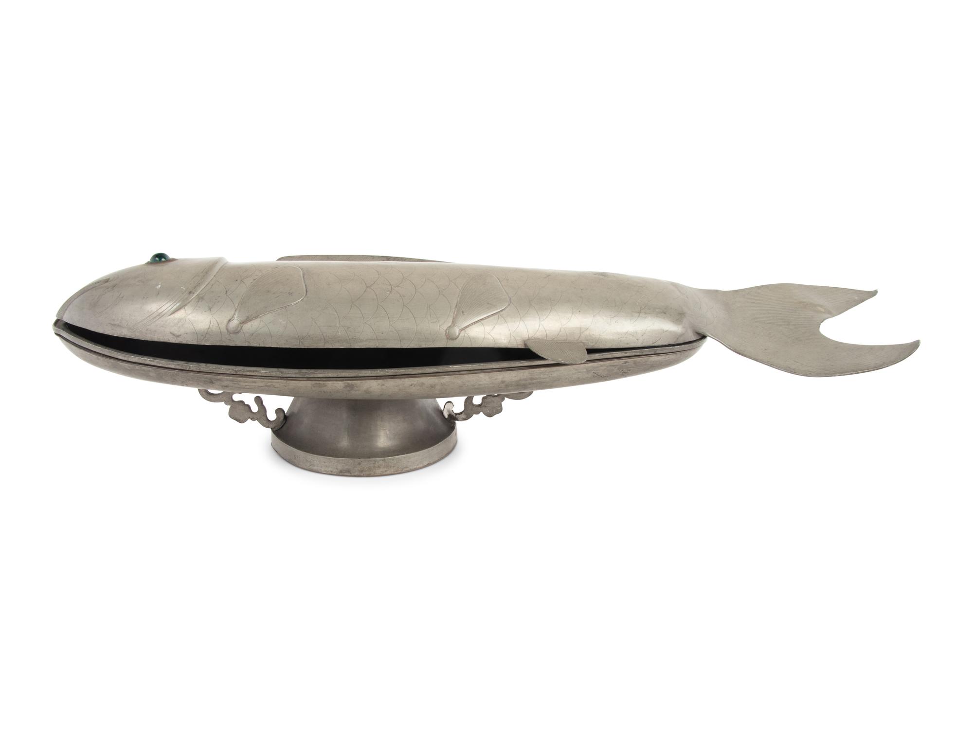 A Chinese Export Pewter Fish-Form Dish and Cover