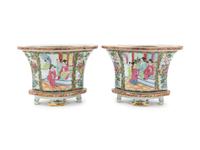 A Pair of Chinese Rose Medallion Porcelain Jardinieres on Stands