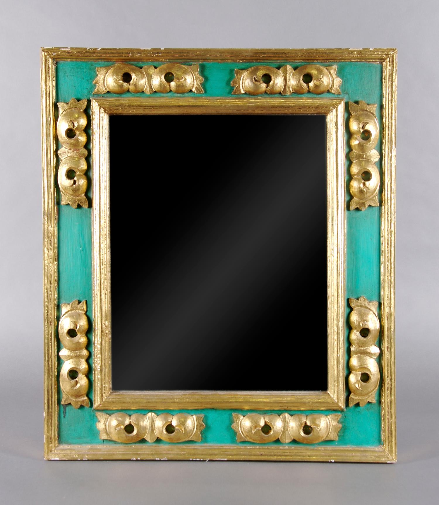 A Continental Painted and Parcel Gilt Mirror, Height 28 x width 24 inches.