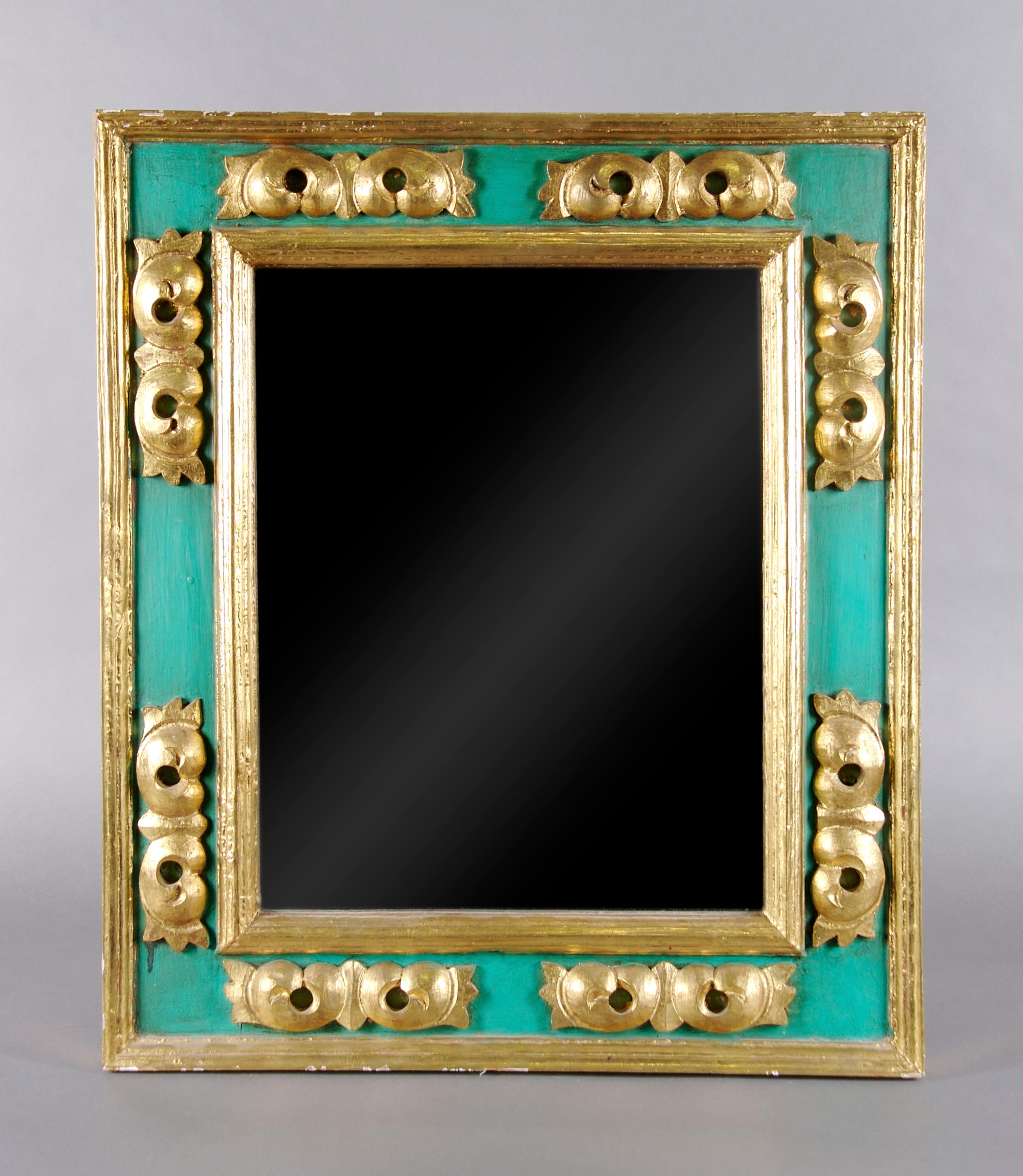 A Continental Painted and Parcel Gilt Mirror, Height 28 x width 24 inches.
