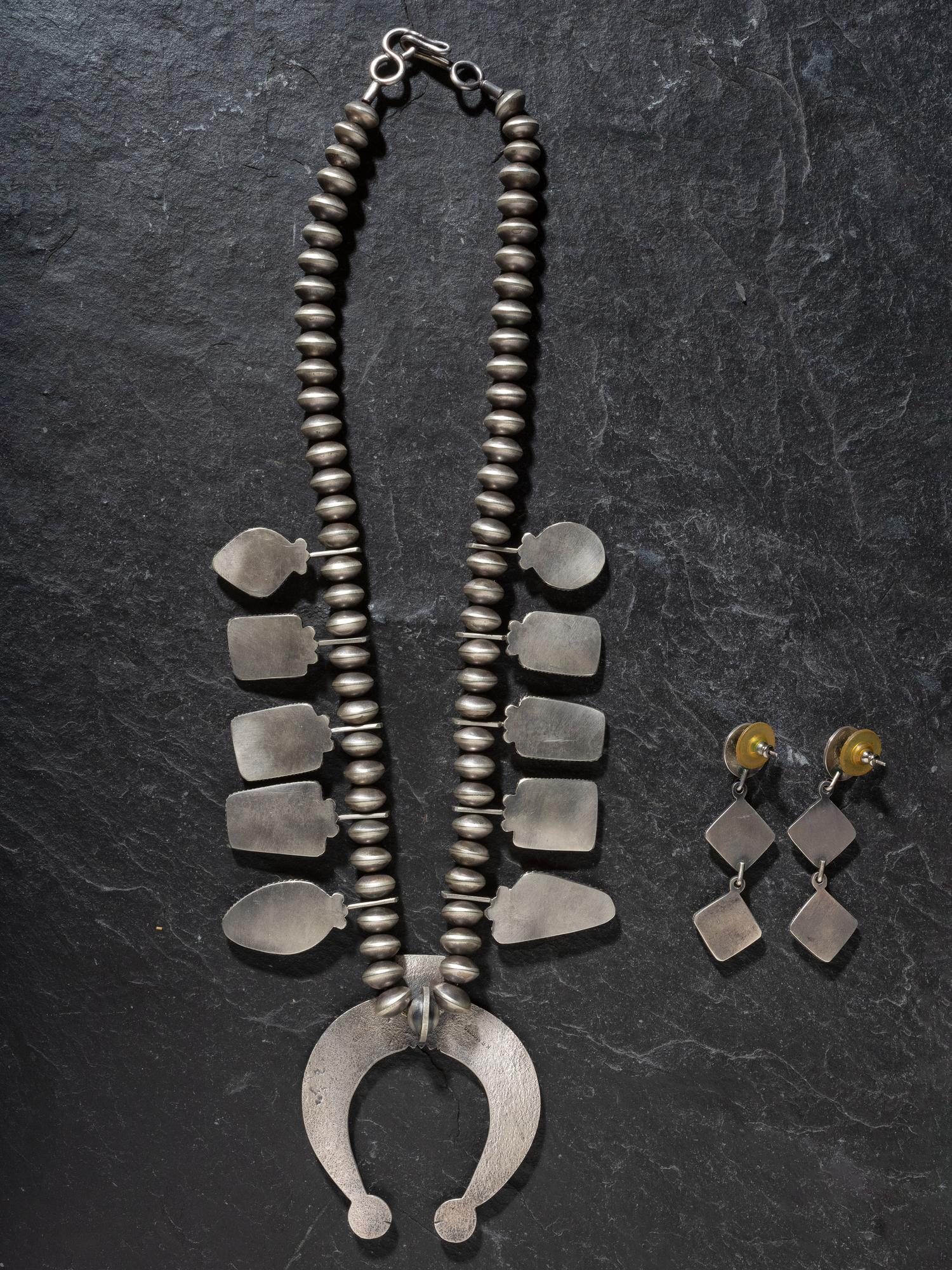 Matching Sterling Silver and Spiny Oyster Squash Blossom Necklace and Earrings