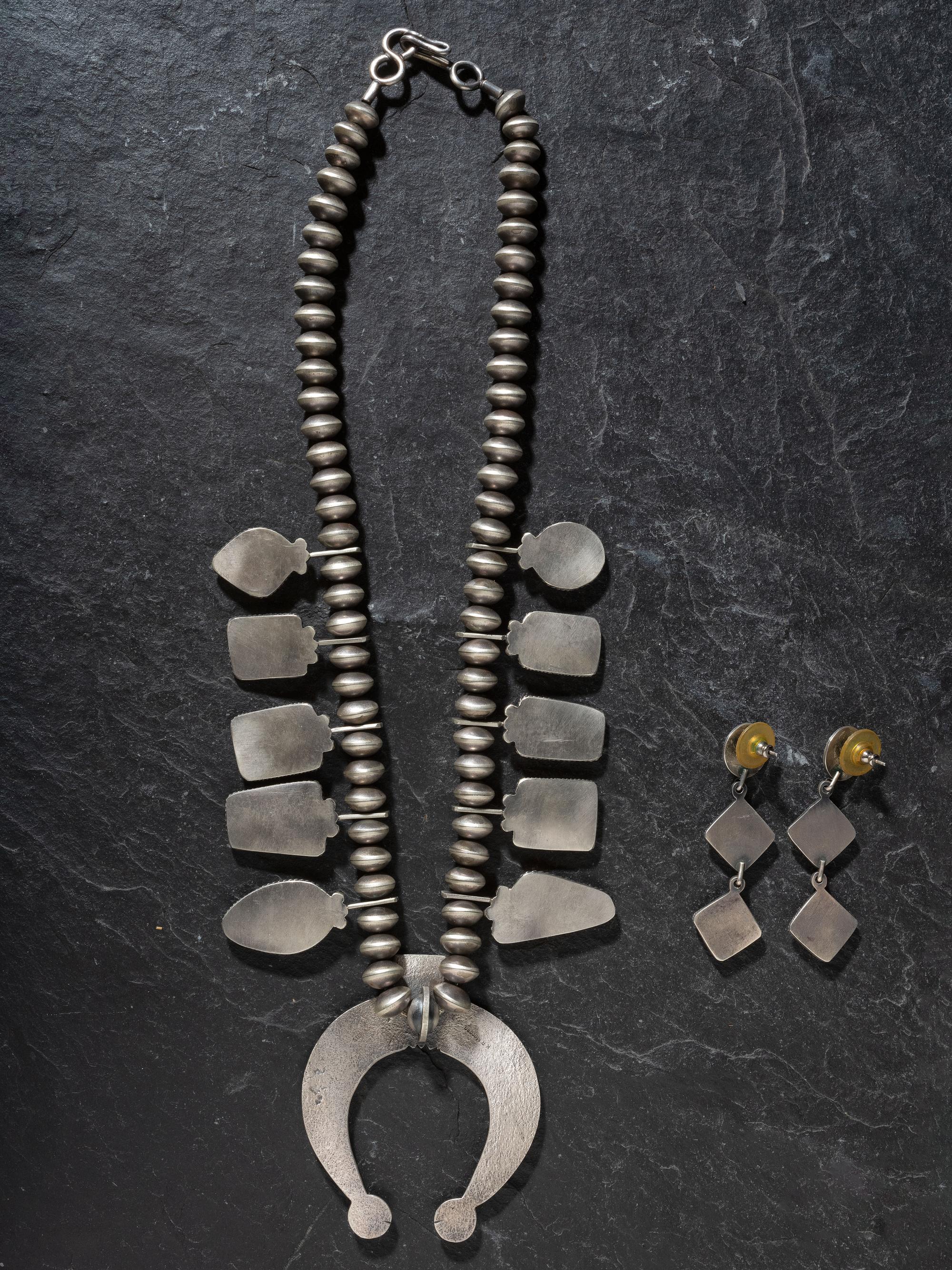 Matching Sterling Silver and Spiny Oyster Squash Blossom Necklace and Earrings