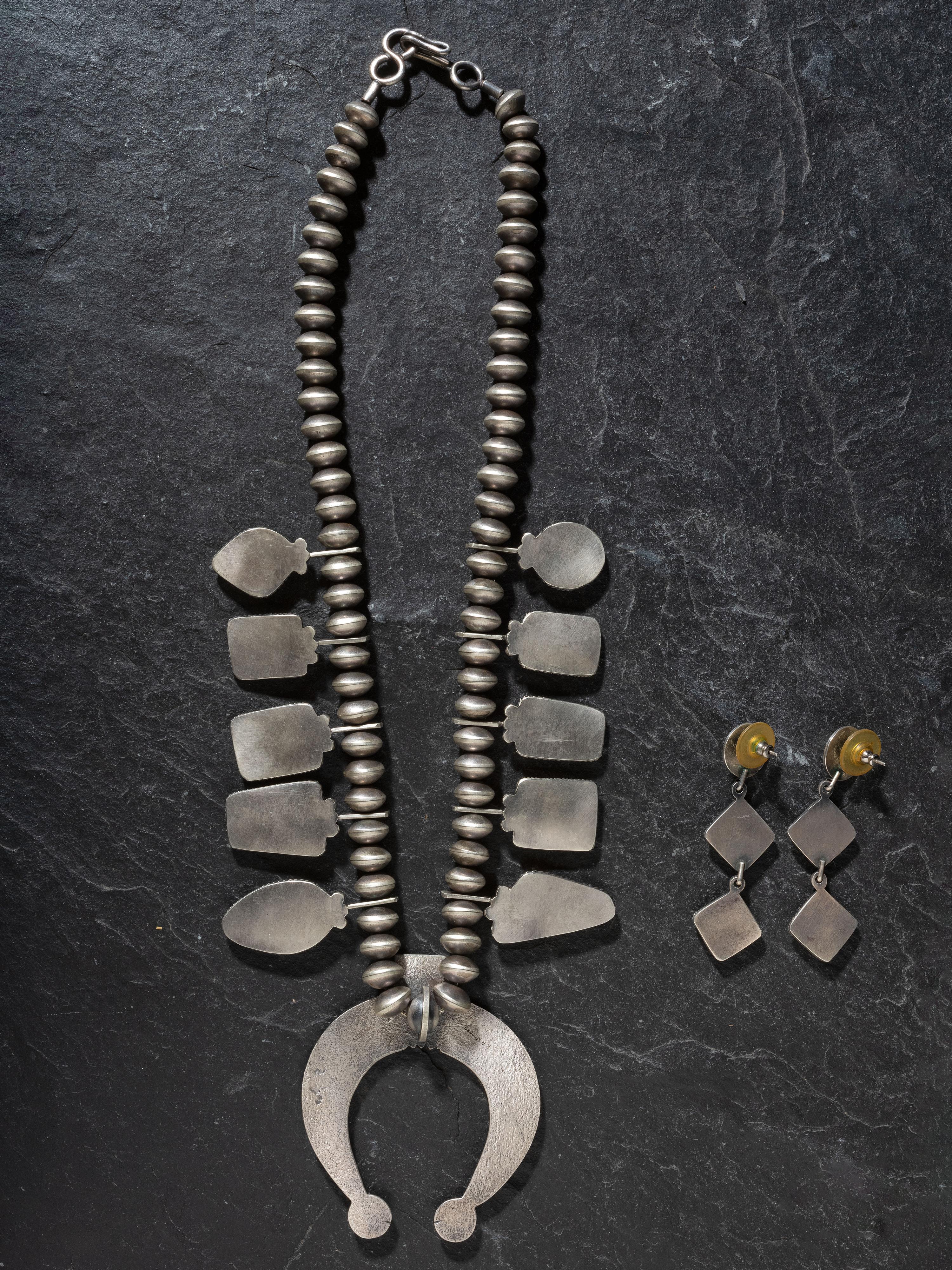 Matching Sterling Silver and Spiny Oyster Squash Blossom Necklace and Earrings