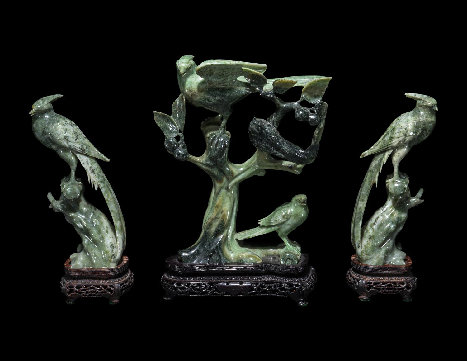 Three Chinese Green Jadeite Figures of Birds