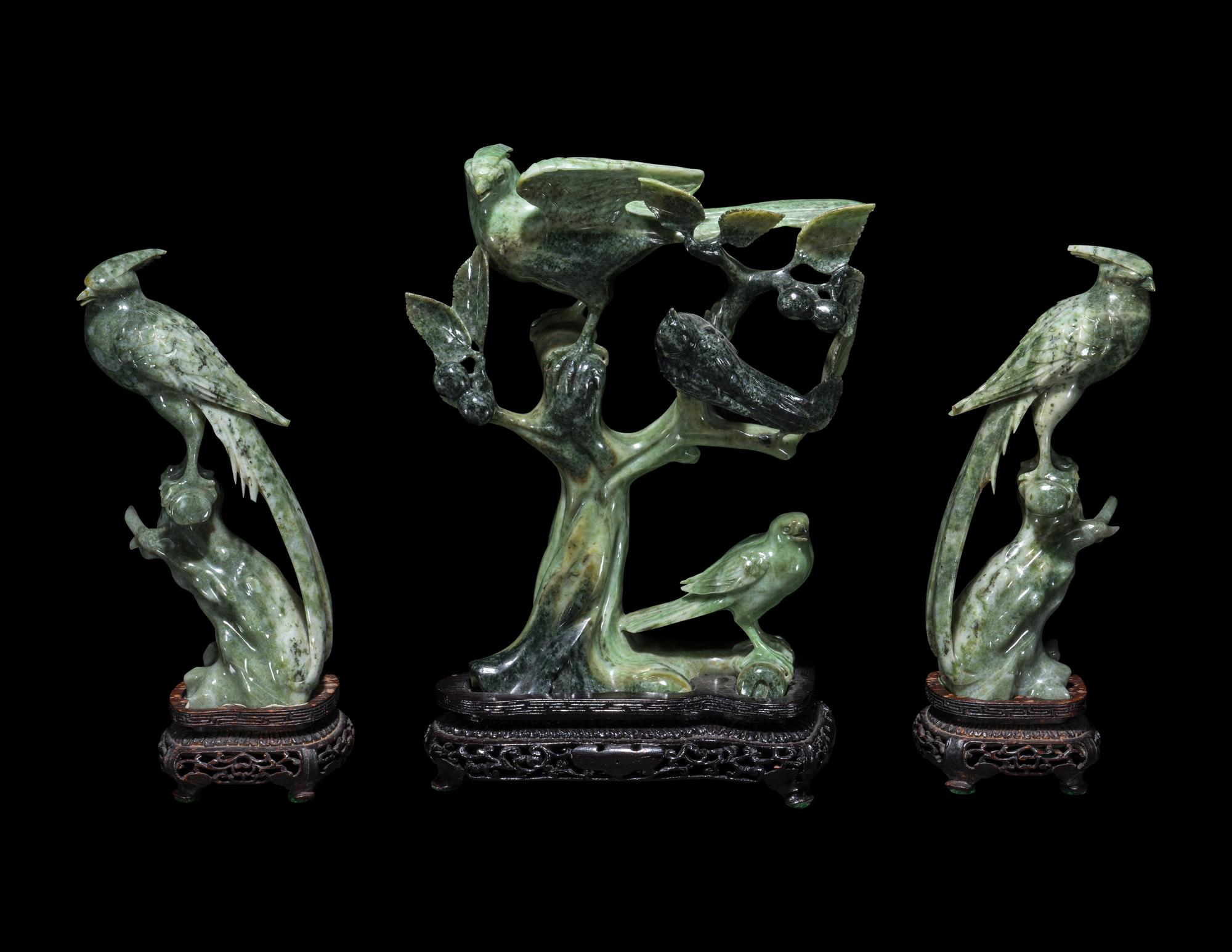 Three Chinese Green Jadeite Figures of Birds