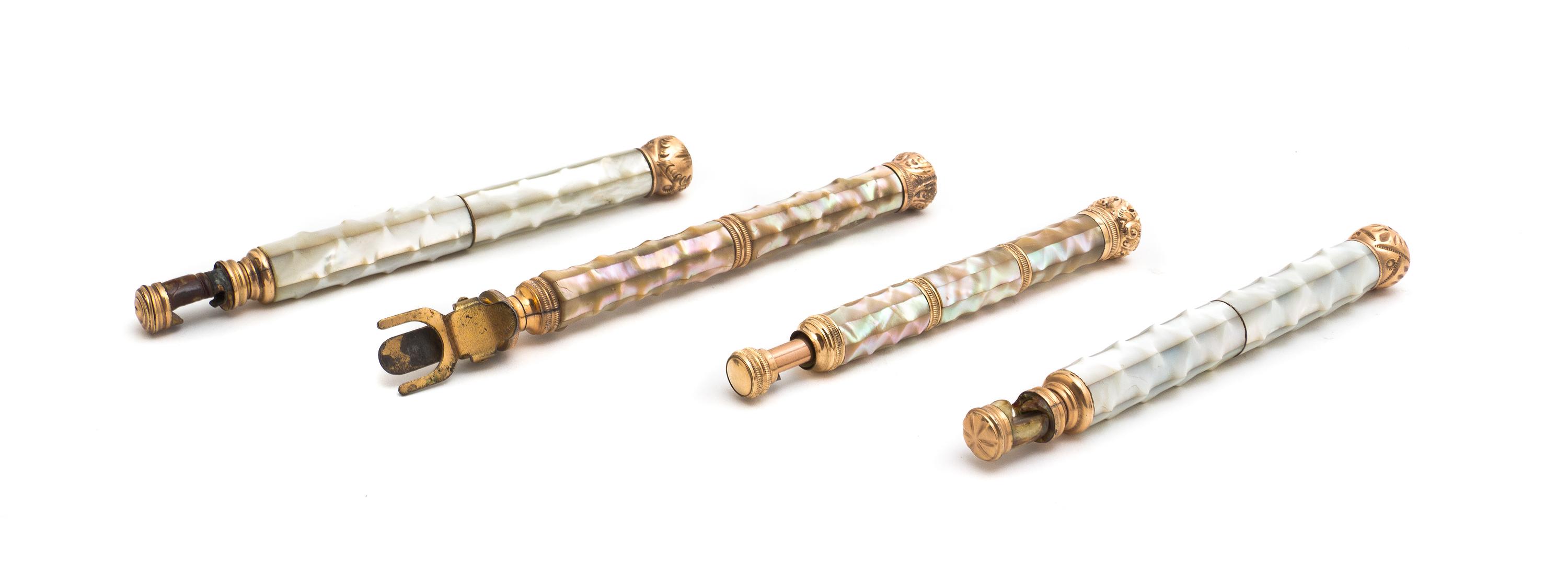 Four Mother-of-Pearl Veneered Opera Glass Holders, Length of longest 6 3/8 inches (closed).