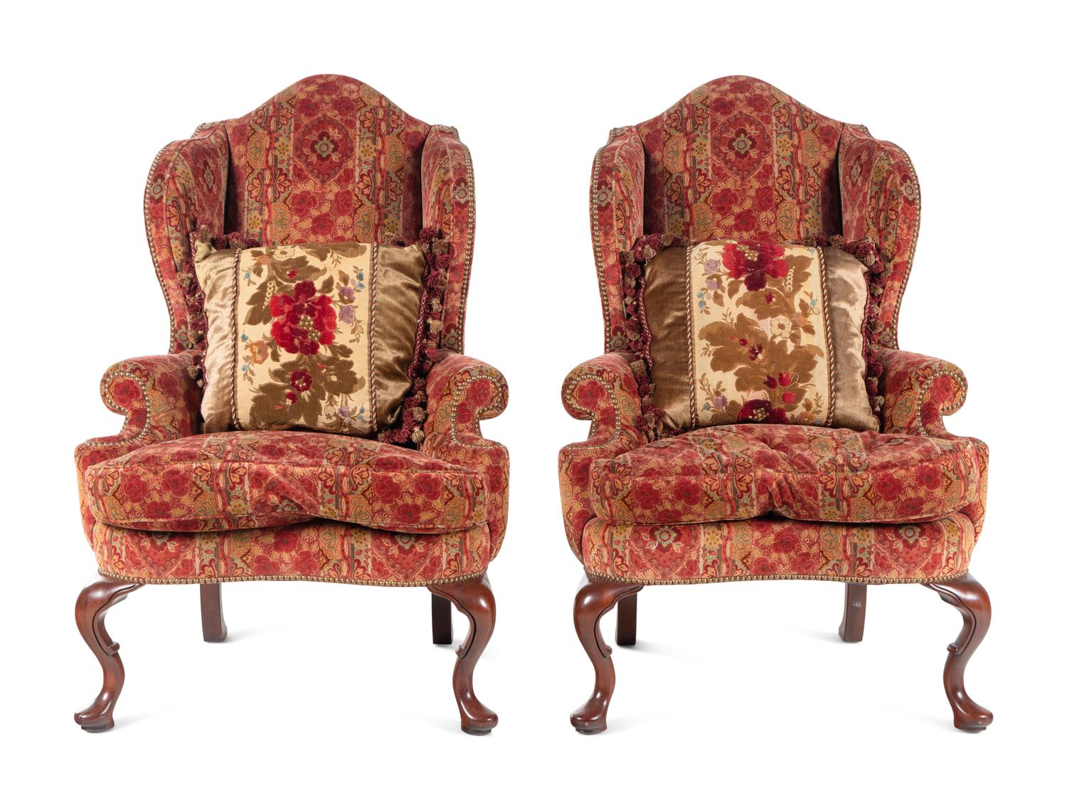 A Pair of Queen Anne Style Upholstered Library Chairs