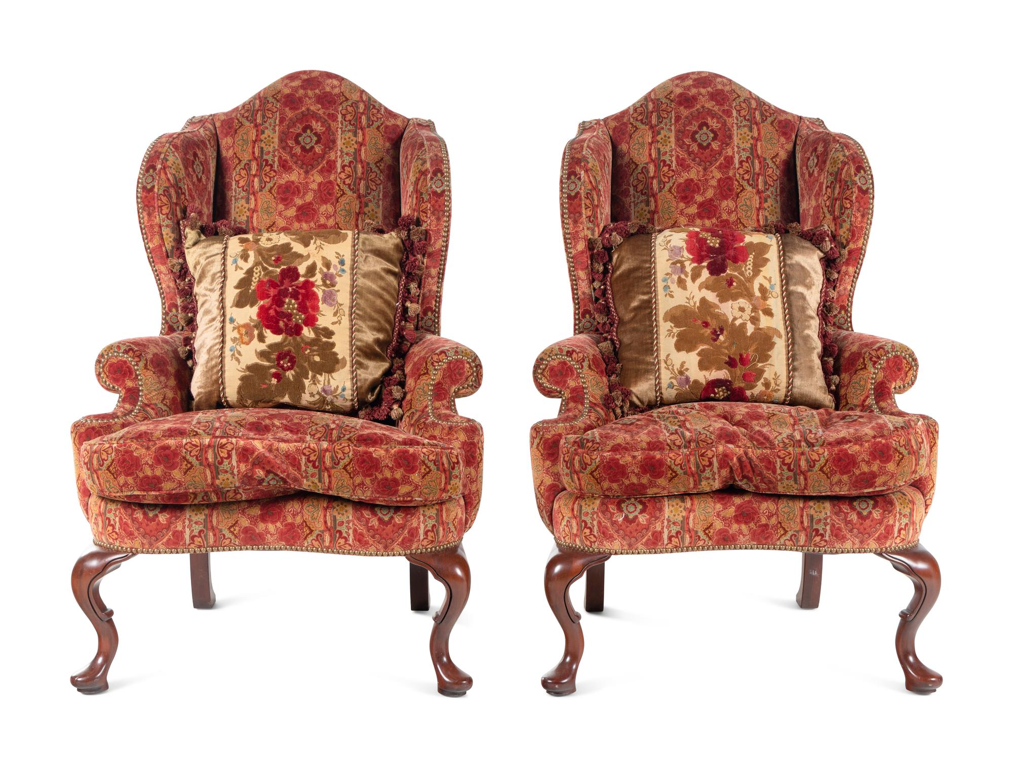 A Pair of Queen Anne Style Upholstered Library Chairs