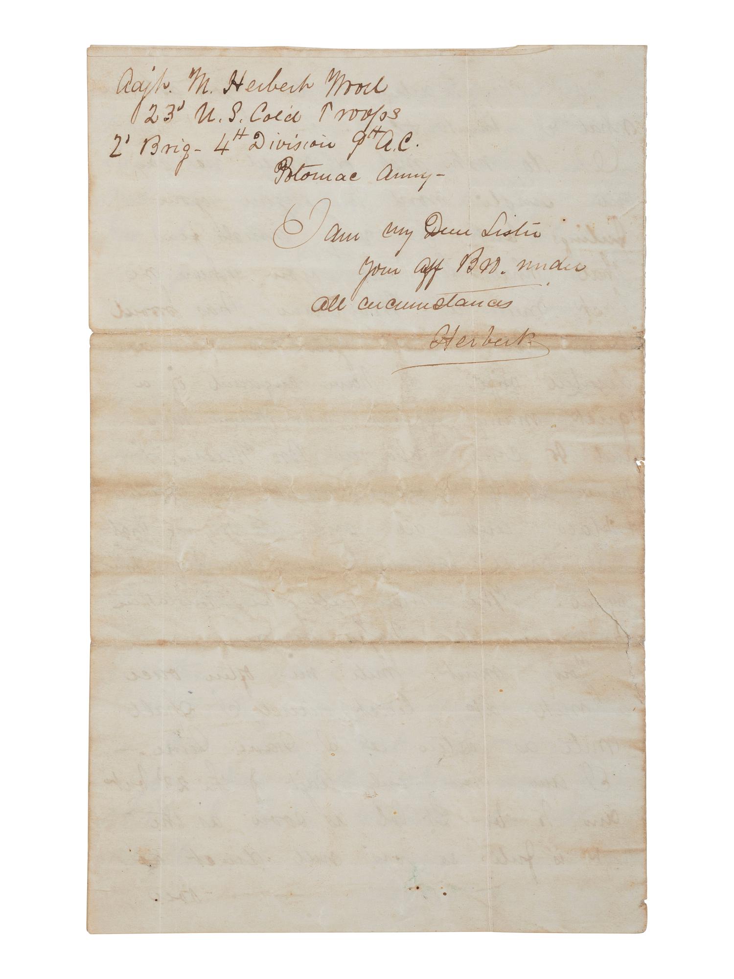 [CIVIL WAR]. Letter from Adjutant M. Herbert Wood, 23rd USCT, to his sister Mollie concerning her deserter husband.