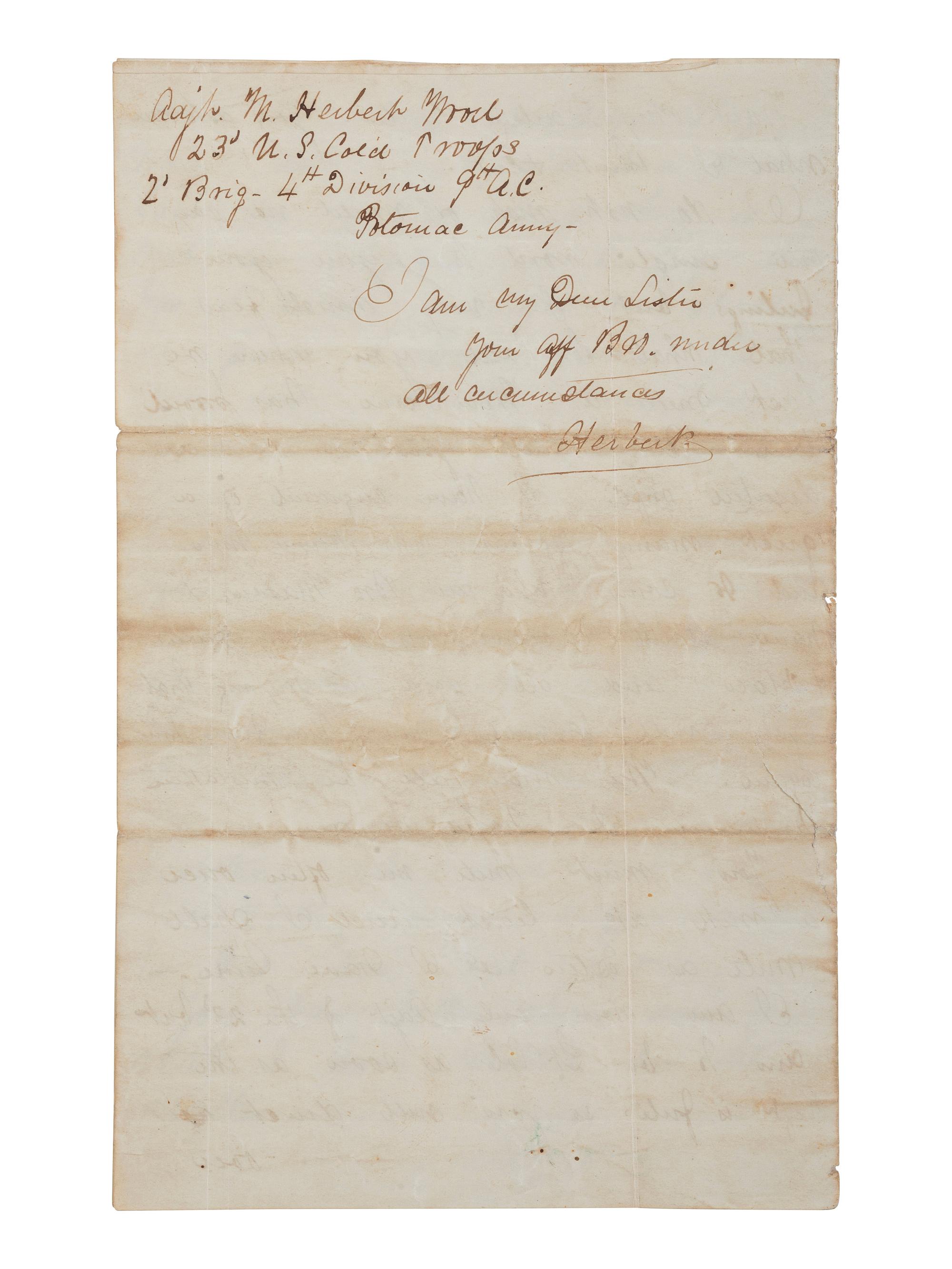 [CIVIL WAR]. Letter from Adjutant M. Herbert Wood, 23rd USCT, to his sister Mollie concerning her deserter husband.