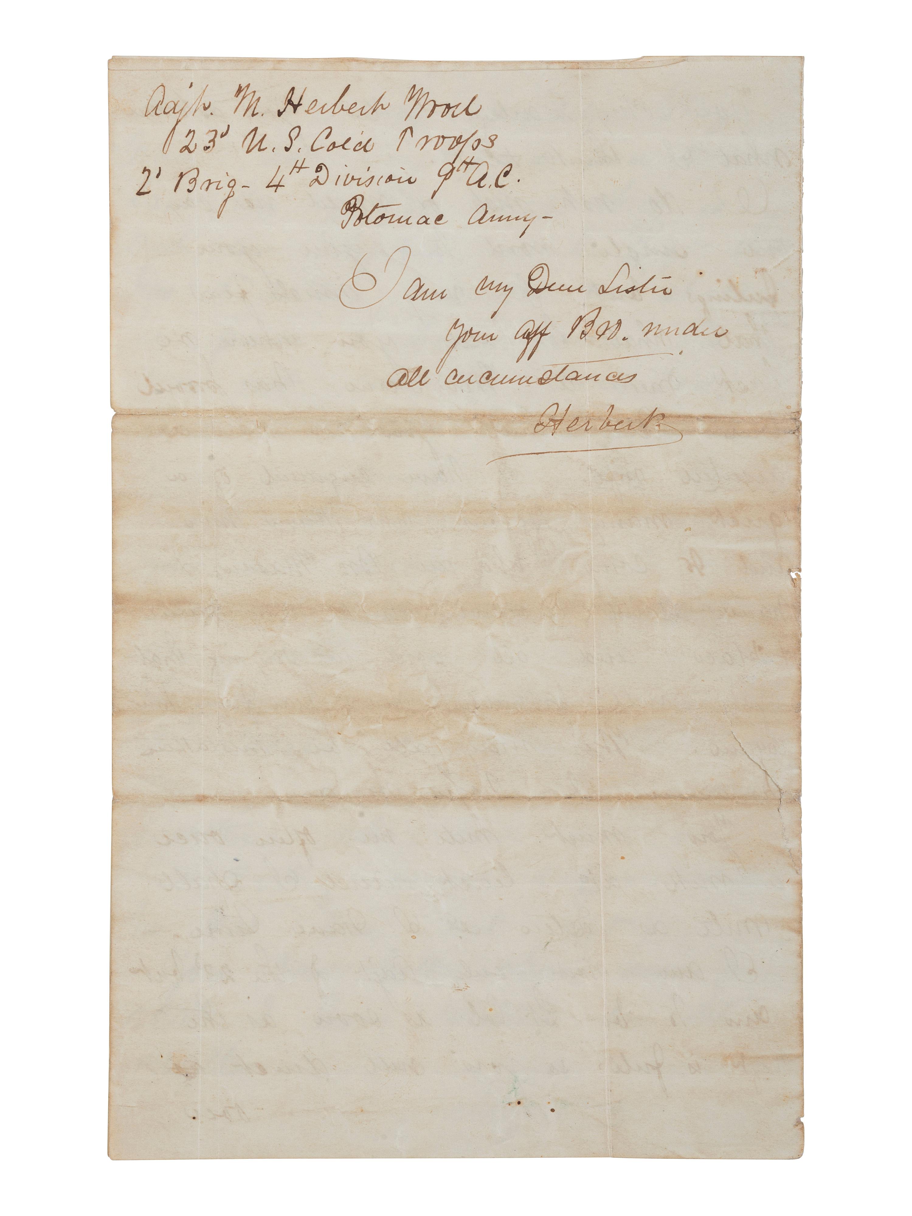 [CIVIL WAR]. Letter from Adjutant M. Herbert Wood, 23rd USCT, to his sister Mollie concerning her deserter husband.