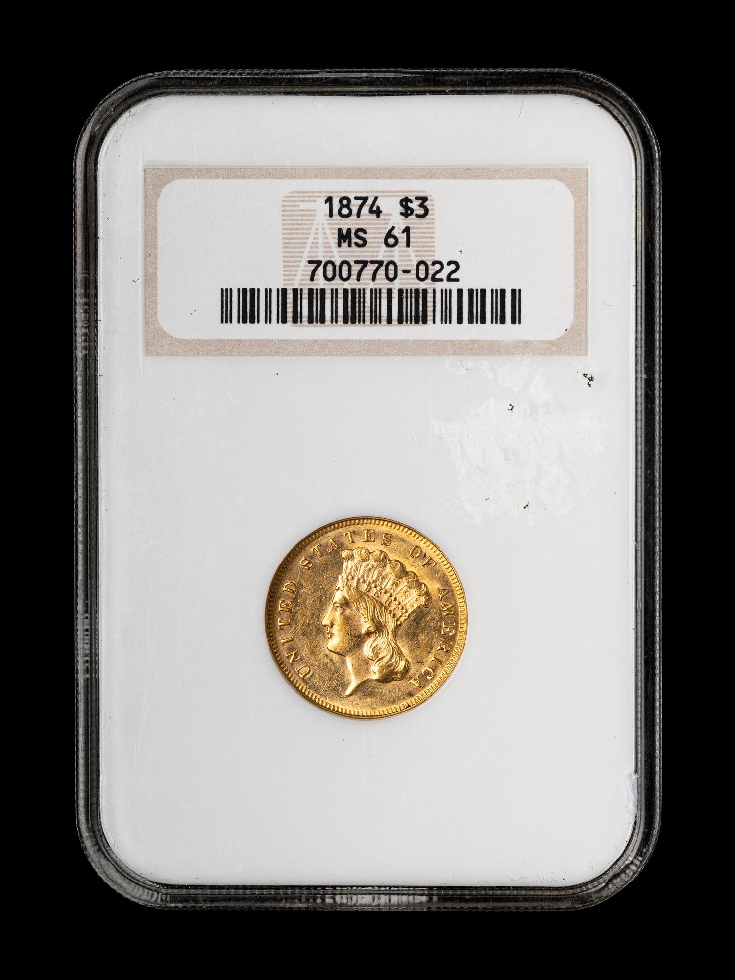 An 1874 Indian Princess $3 Gold Coin (NGC MS61)