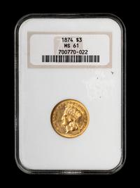 An 1874 Indian Princess $3 Gold Coin (NGC MS61)