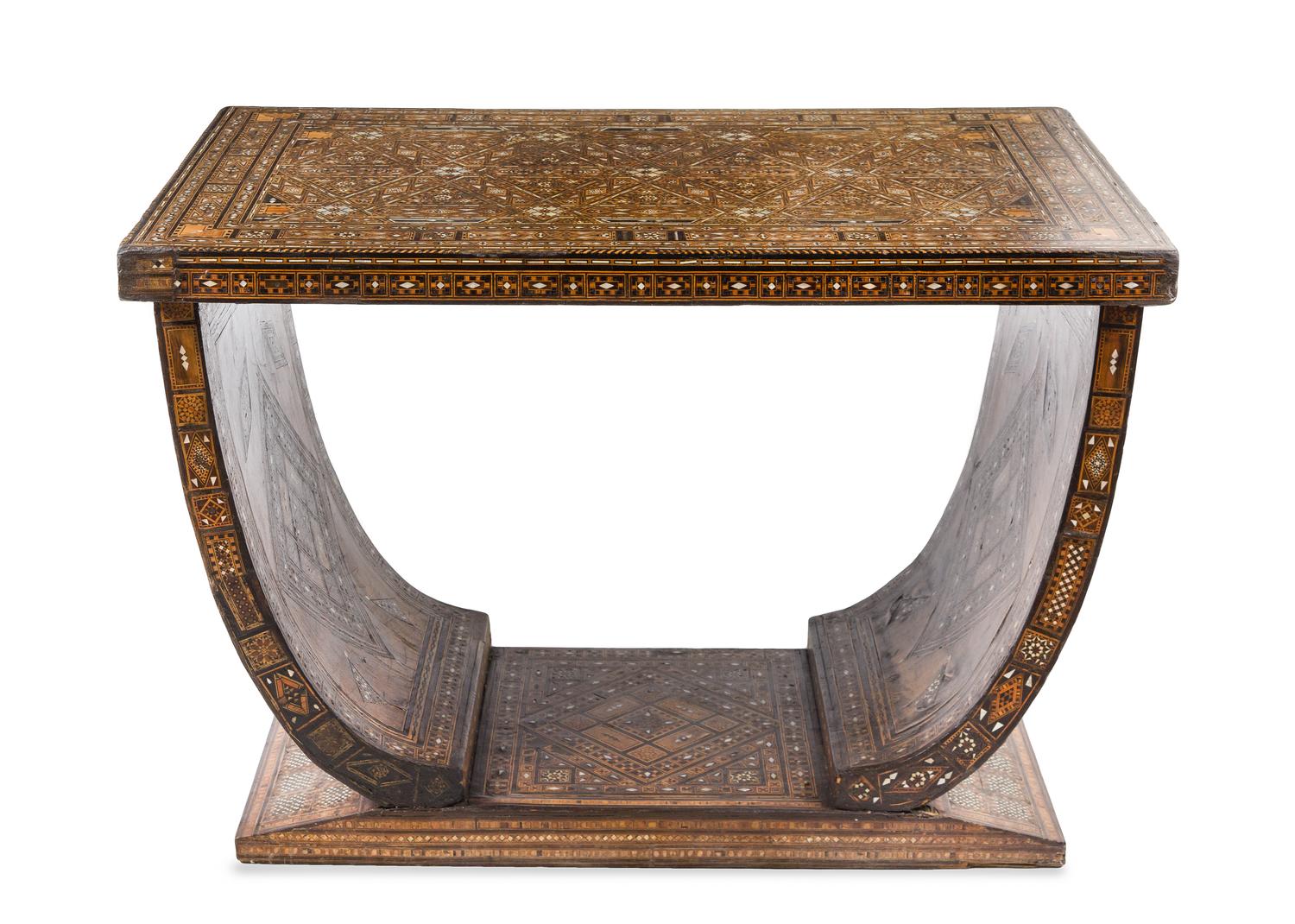 A Syrian Parquetry and Mother-of-Pearl Inlaid Console Table Height 31 1/4 x width 46 x depth 31 1/4 inches. — LATE 19TH CENTURY