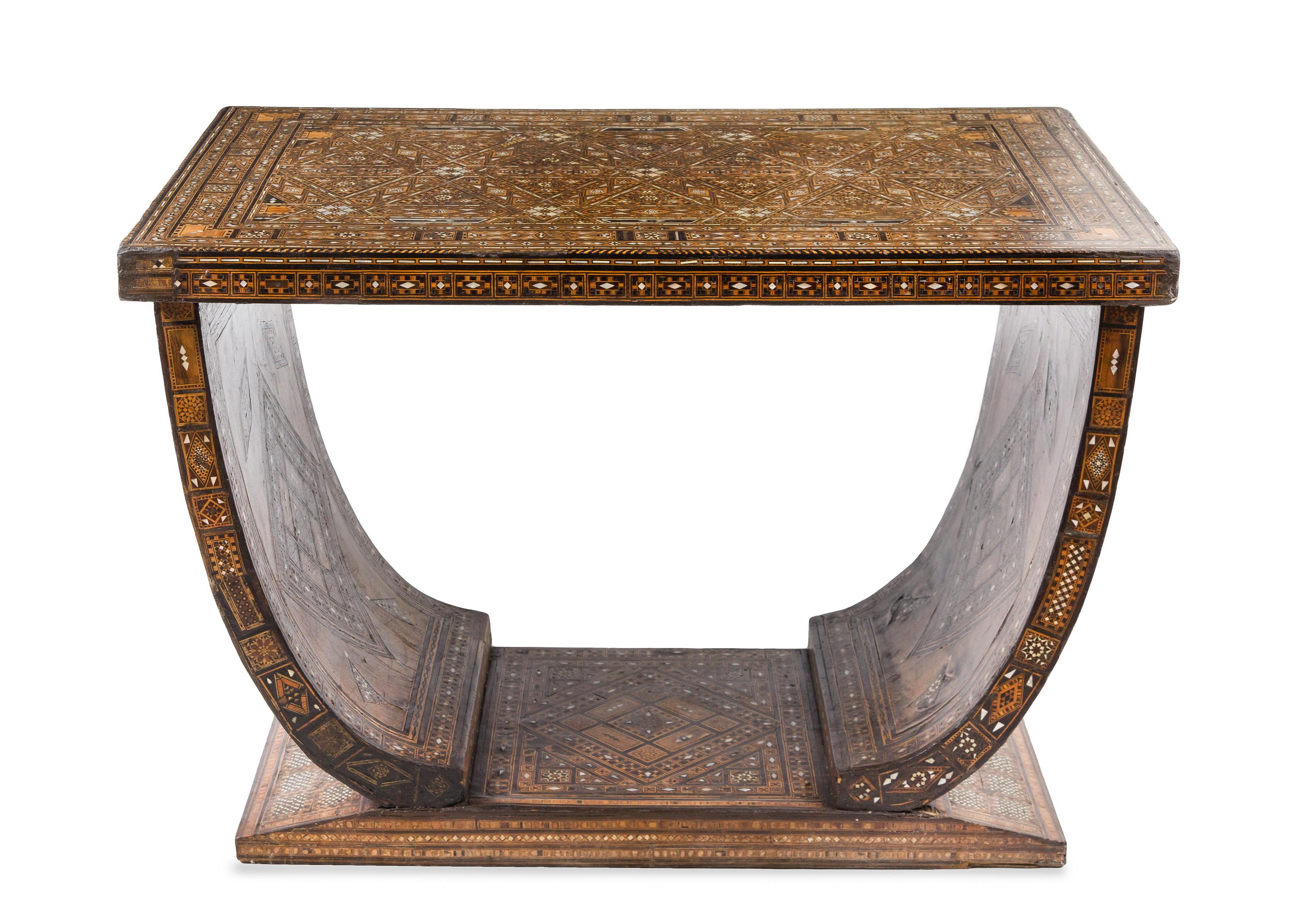 A Syrian Parquetry and Mother-of-Pearl Inlaid Console Table Height 31 1/4 x width 46 x depth 31 1/4 inches. — LATE 19TH CENTURY