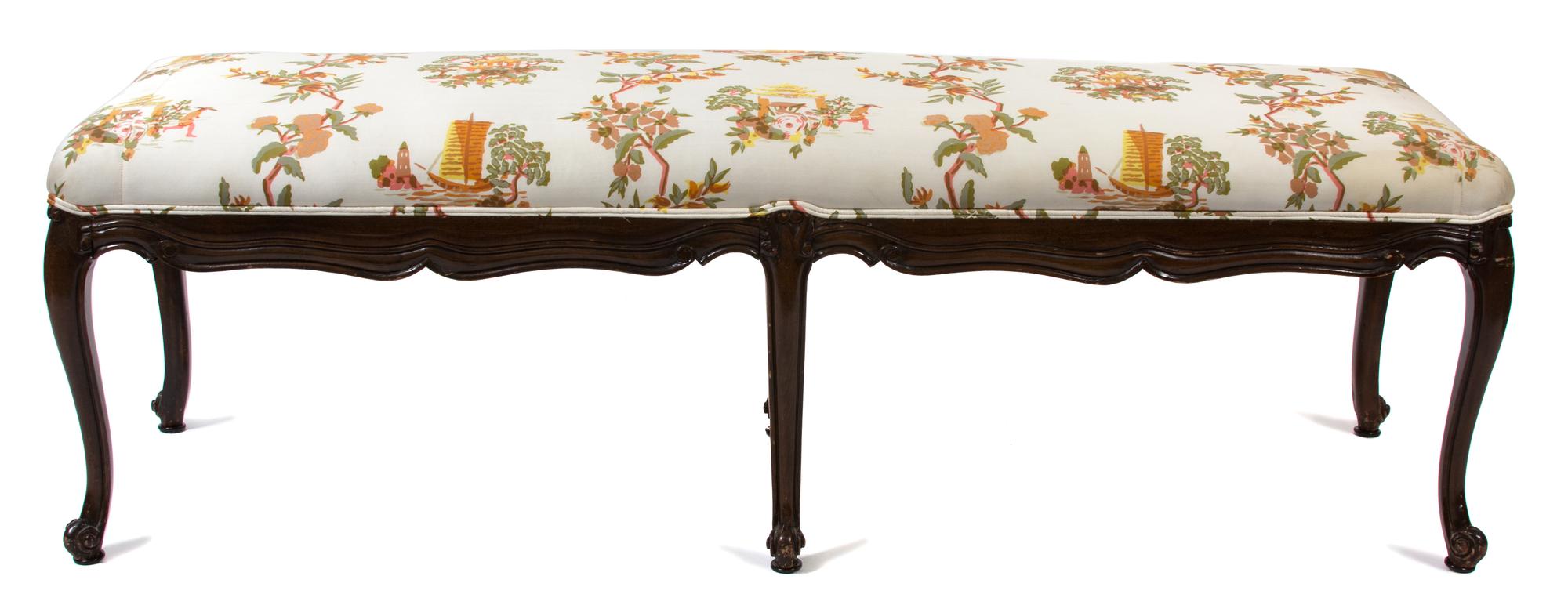 A Louis XV Style Carved Mahogany Bench Height 18 1/2 x length 60 x depth 18 inches. — 20TH CENTURY