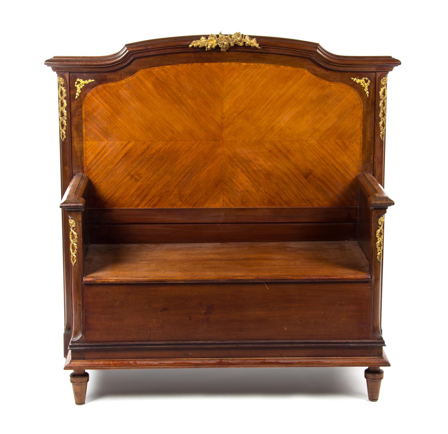 A Louis XV Style Gilt Bronze Mounted Mahogany Hall Bench, Height 51 x width 46 x depth 22 1/4 inches.