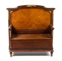 A Louis XV Style Gilt Bronze Mounted Mahogany Hall Bench, Height 51 x width 46 x depth 22 1/4 inches.