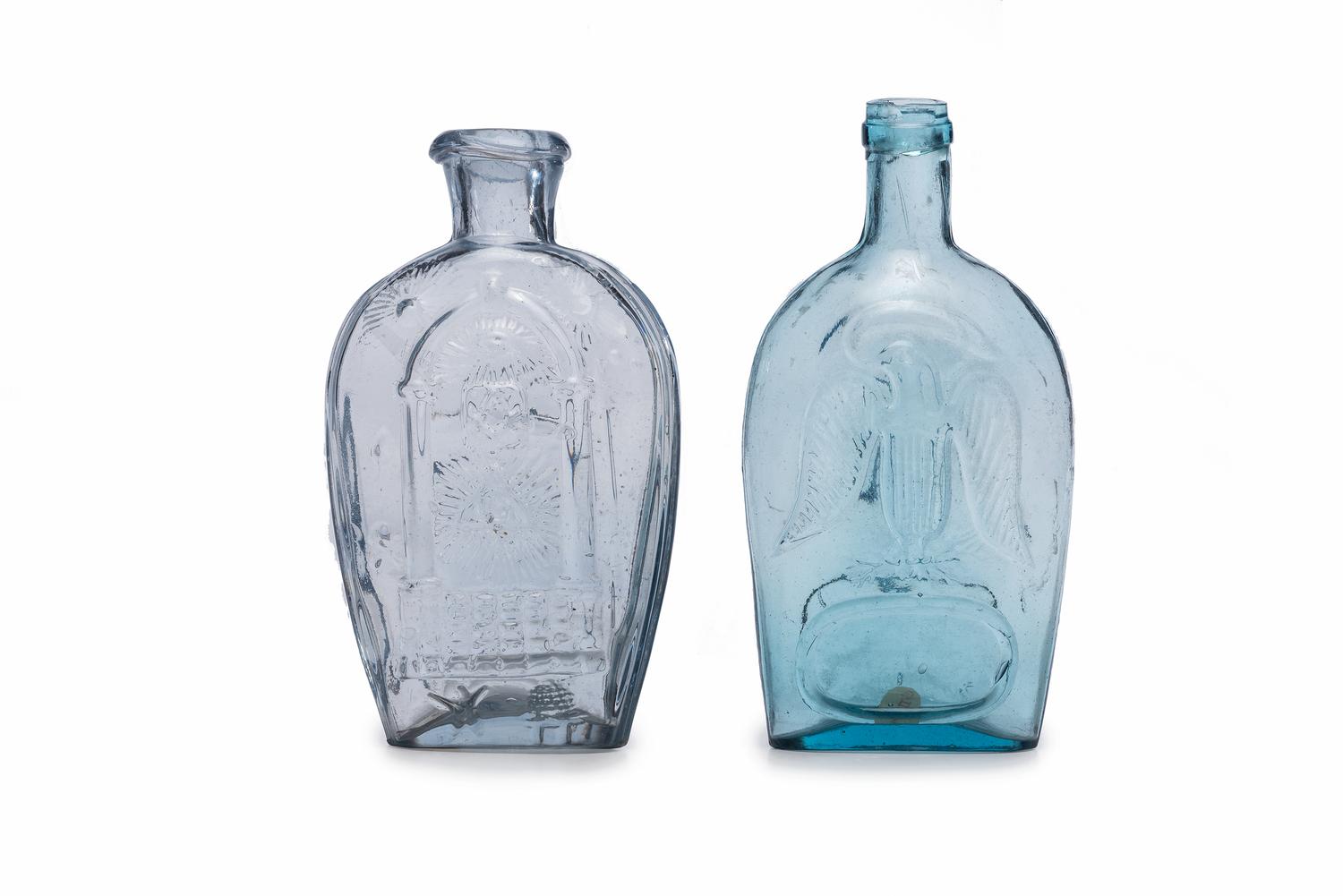 Two Molded Glass Aqua and Clear Flasks