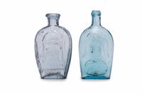 Two Molded Glass Aqua and Clear Flasks