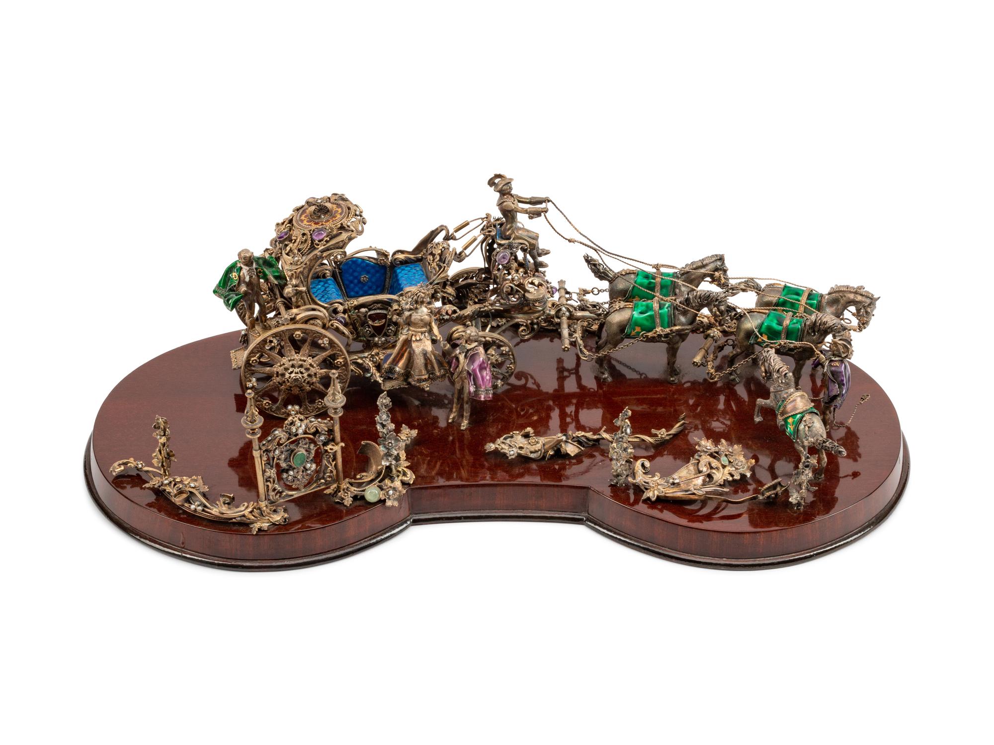 A Continental Jeweled Silver and Enamel Model of a Horse-Drawn Coach — CIRCA 1900