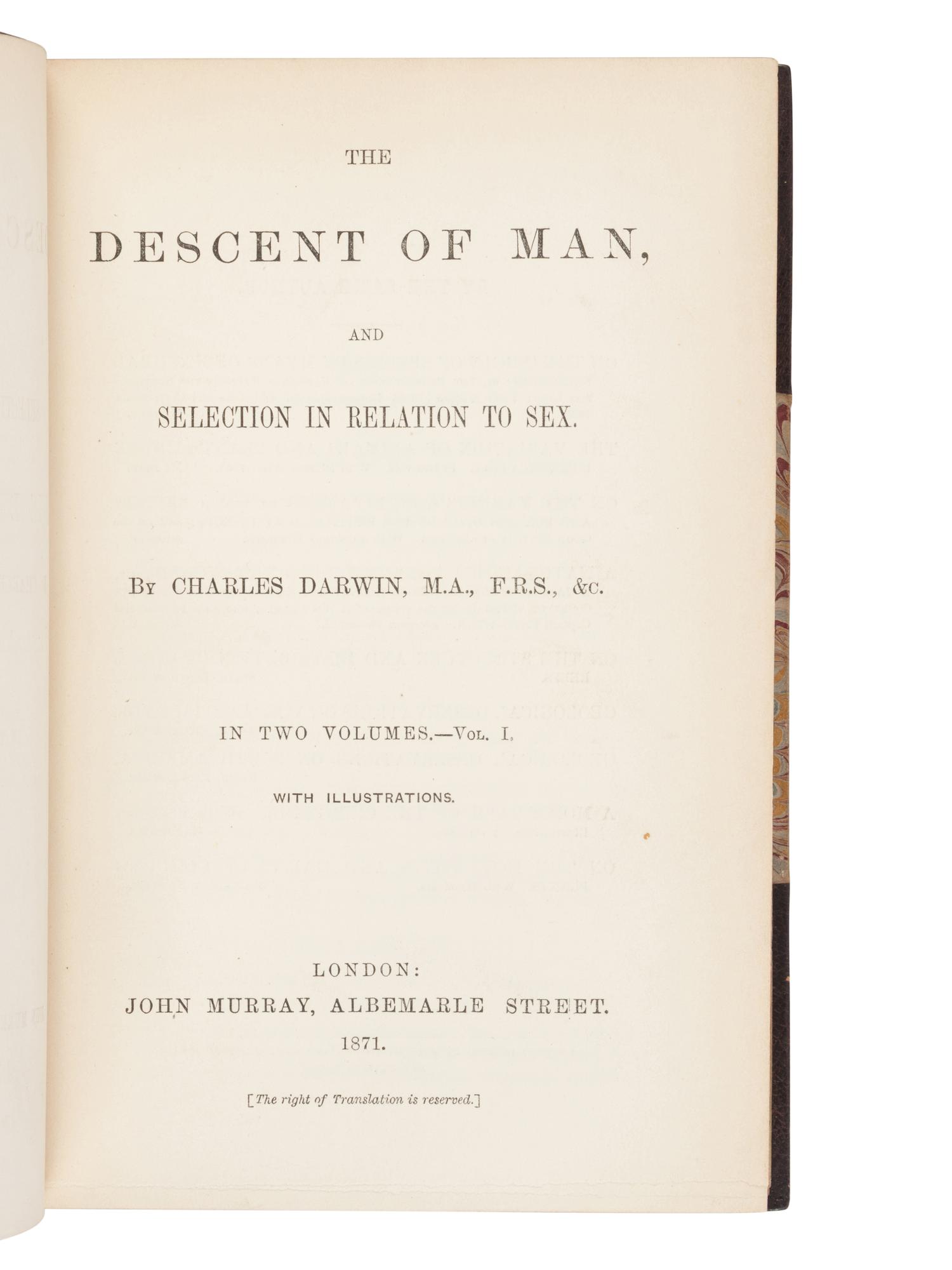 [NATURAL HISTORY]. DARWIN, Charles (1809-1882). The Descent of Man . London: John Murray, 1871.