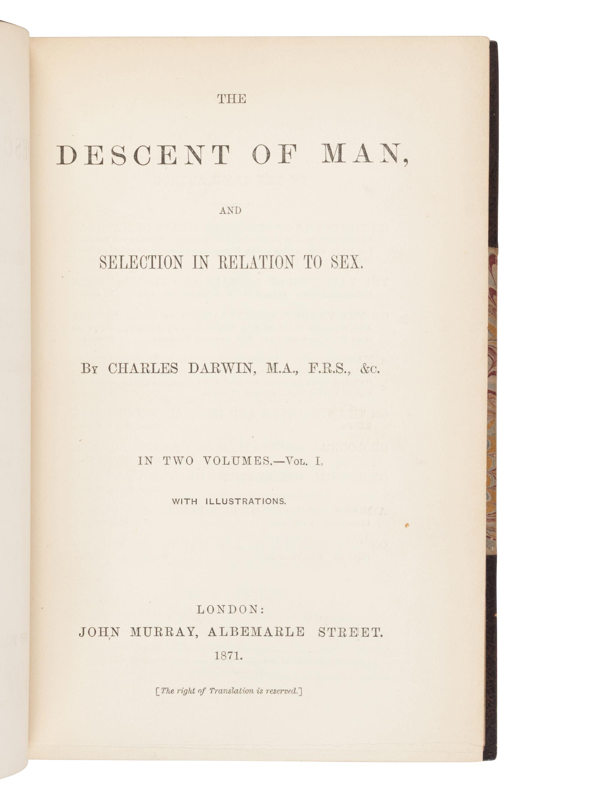 [NATURAL HISTORY]. DARWIN, Charles (1809-1882). The Descent of Man . London: John Murray, 1871.