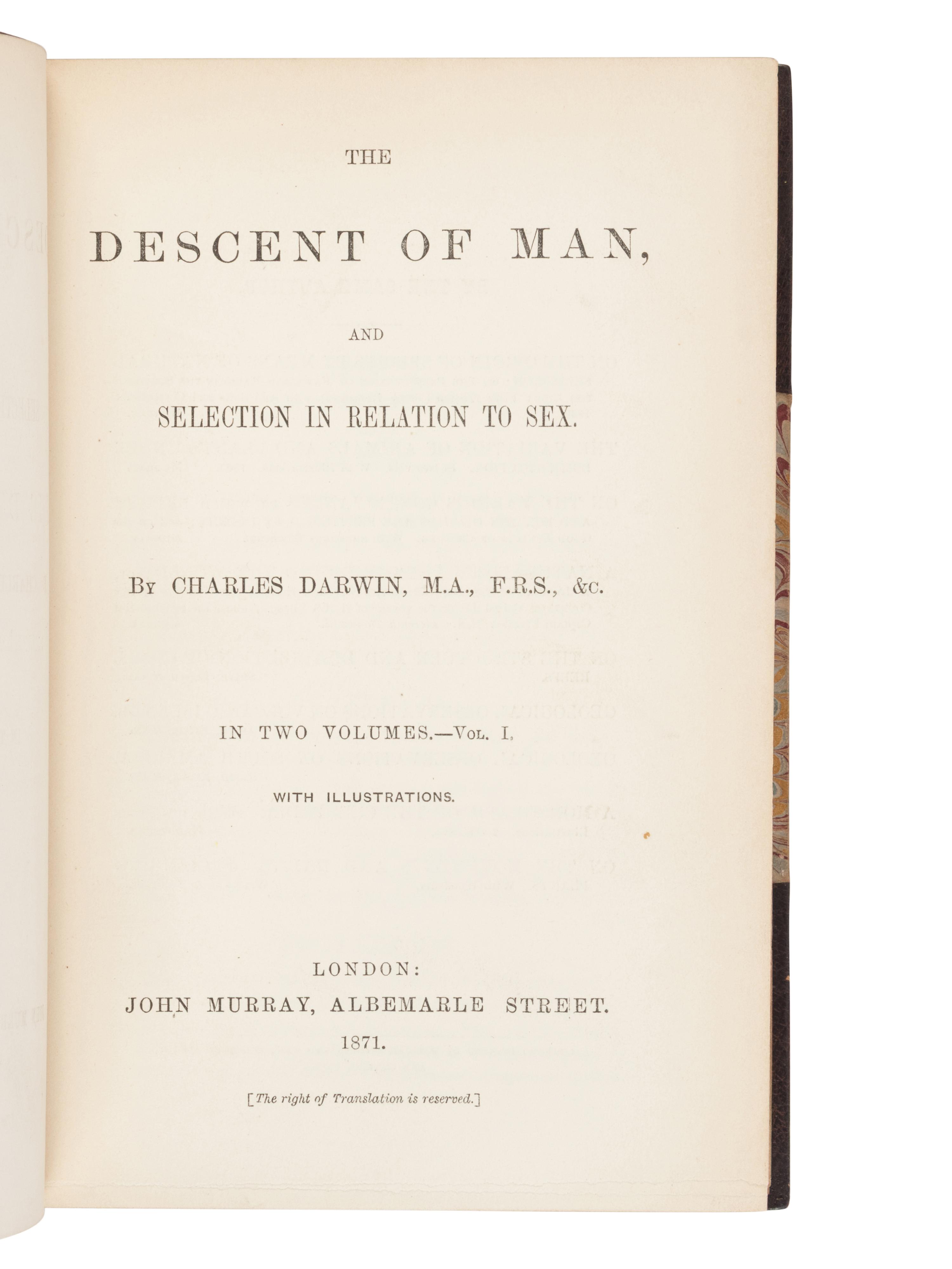 [NATURAL HISTORY]. DARWIN, Charles (1809-1882). The Descent of Man . London: John Murray, 1871.