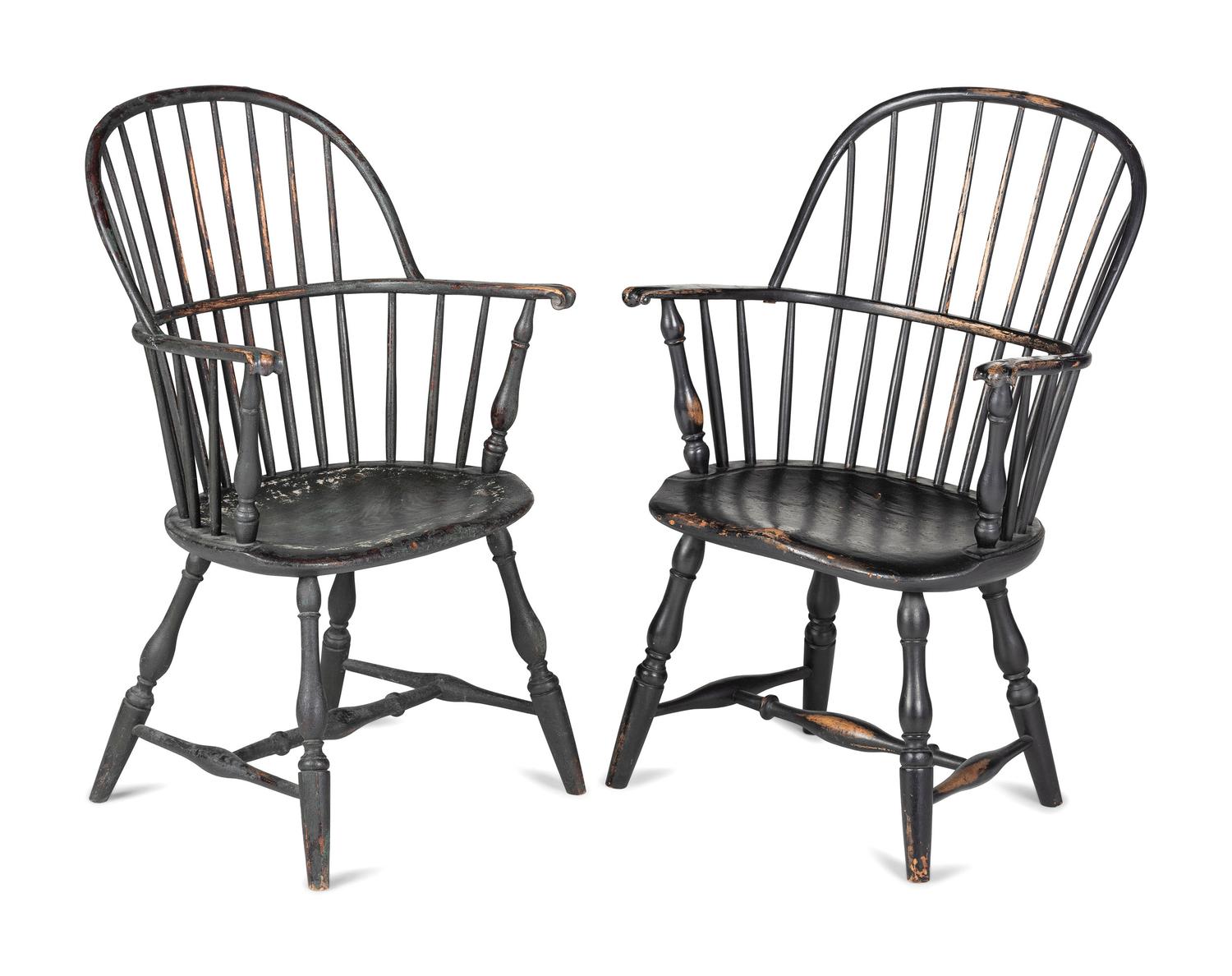 A Matched Pair of Paint Decorated Knuckle-Arm Sack Back Windsor Armchairs