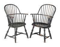 A Matched Pair of Paint Decorated Knuckle-Arm Sack Back Windsor Armchairs