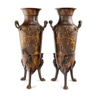 A Pair of Neoclassical Patinated and Parcel Gilt Bronze Vases