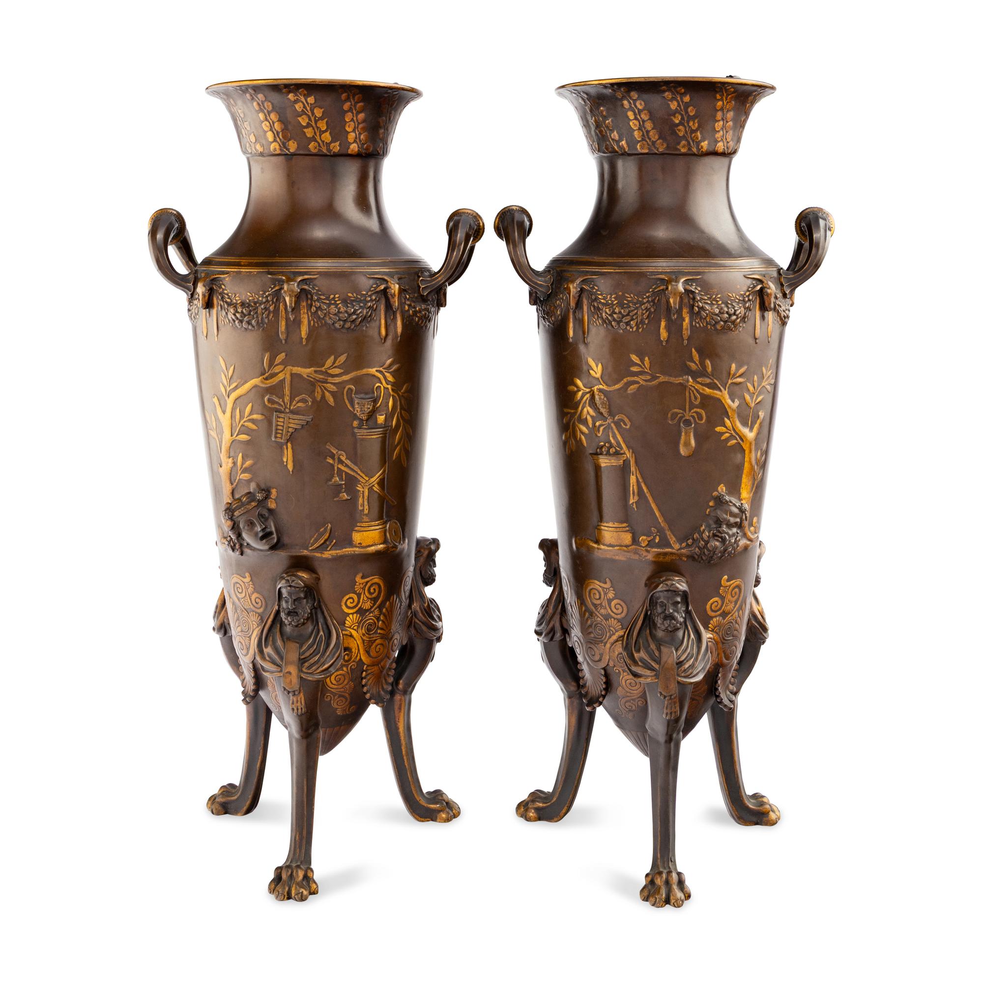 A Pair of Neoclassical Patinated and Parcel Gilt Bronze Vases