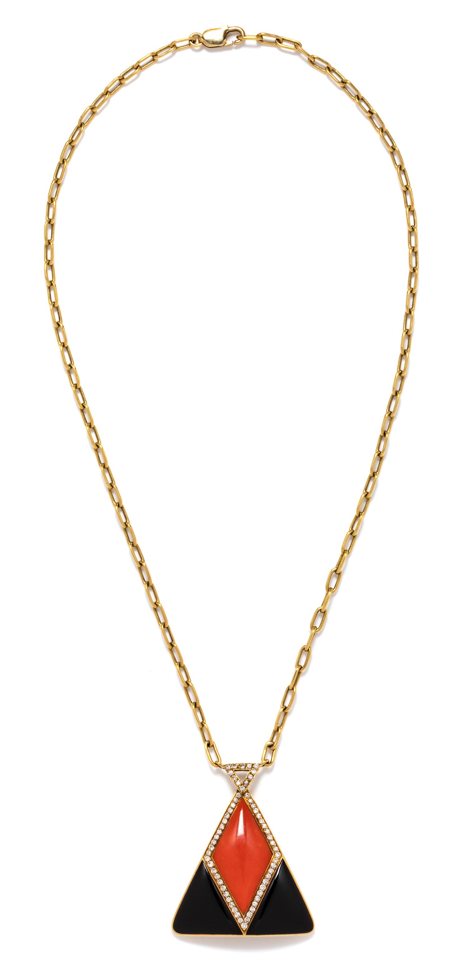 A Yellow Gold, Diamond, Coral and Onyx Pendant/Necklace, 38.50 dwts.