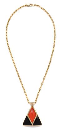 A Yellow Gold, Diamond, Coral and Onyx Pendant/Necklace, 38.50 dwts.