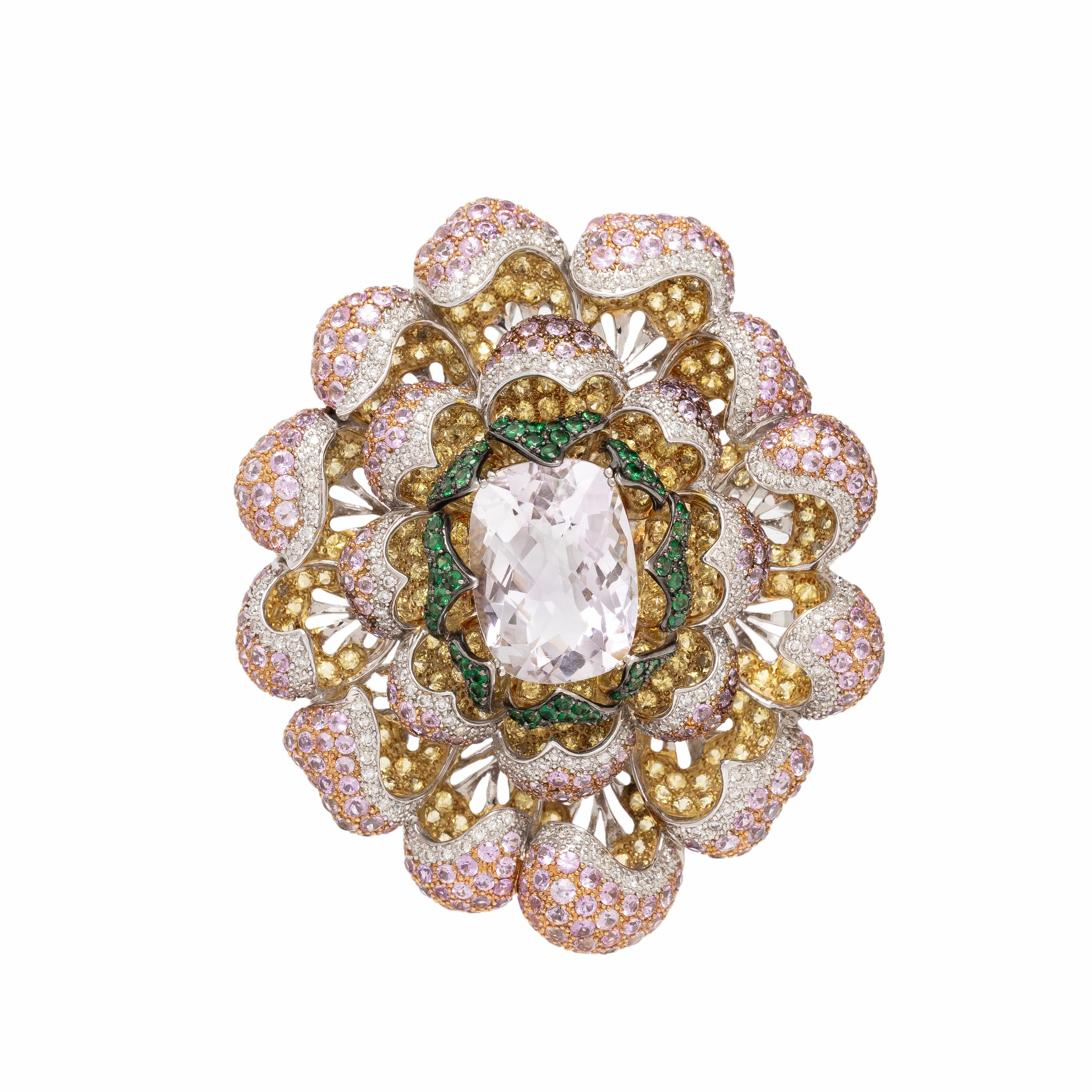 Rose Quartz, Diamond, Sapphire, and Tricolor Gold Flower Pendant Brooch