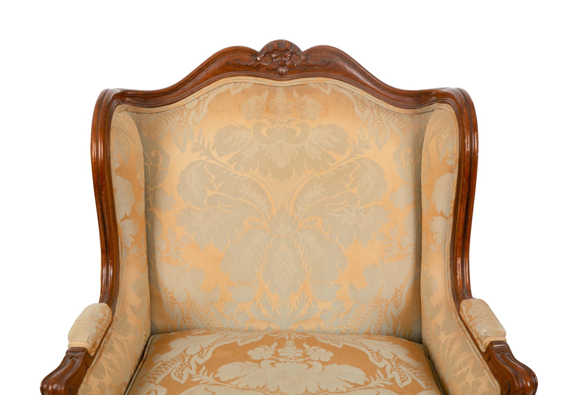 A Louis XV Style Carved Bergere Oreilles with Silk Damask Upholstery — 20TH CENTURY