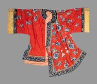 A Chinese Red Ground Embroidered Silk Lady's Robe