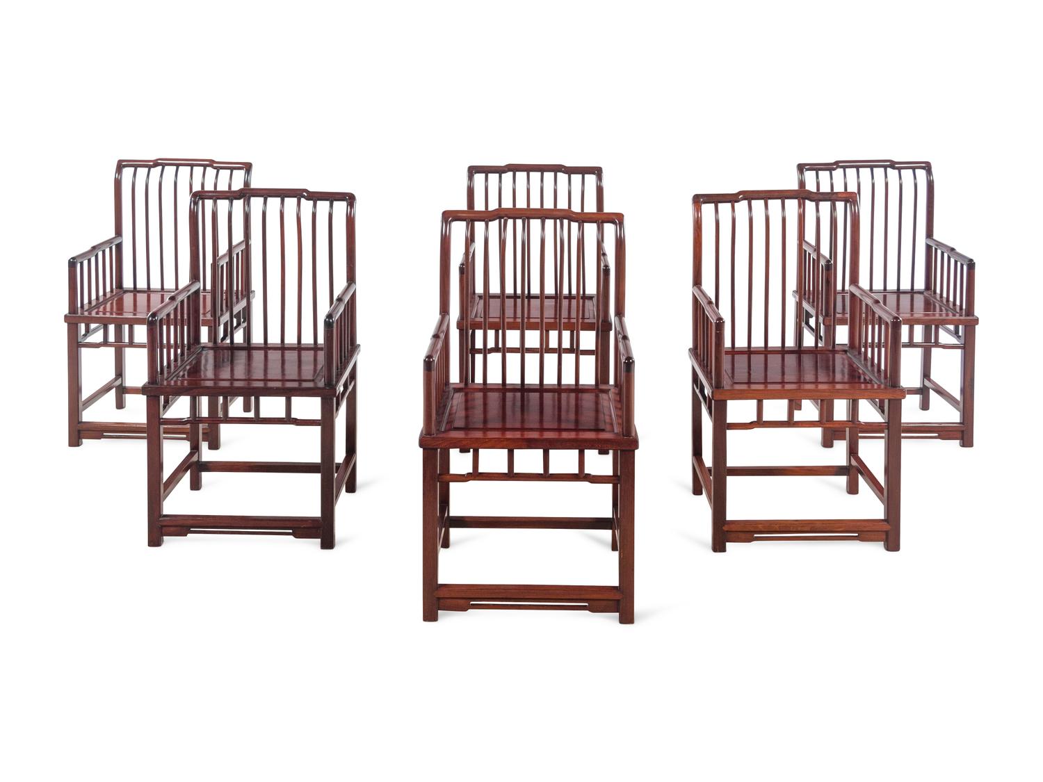 A Set of Six Chinese Hardwood Spindle-Back Armchairs, Shubeiyi or Meiguiyi