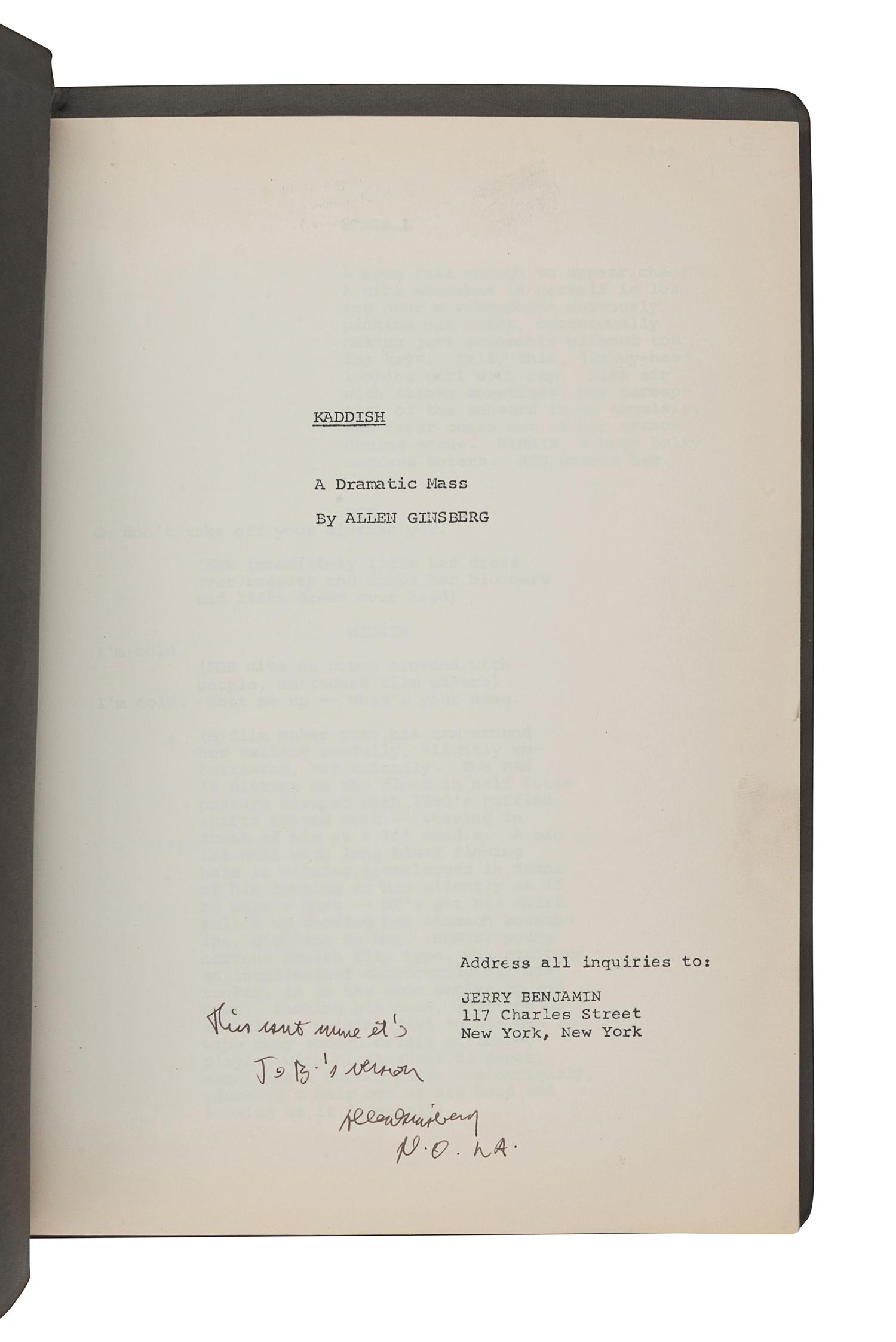 [GINSBERG, Allen]. BENJAMIN, Jerry. Kaddish: A Dramatic Mass by Allen Ginsberg . [New York]: Studio duplicating service, [ca 1965].